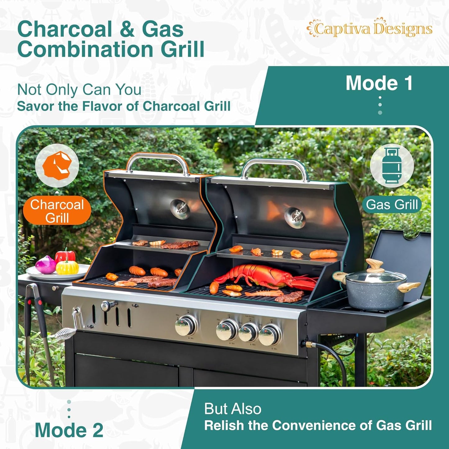 Captiva Designs Propane Gas Grill and Charcoal Grill Combo with Side Burner & Porcelain-Enameled Cast Iron Grate, Dual Fuel BBQ Grill for Outdoor Events & Backyard Barbecue, 690 SQIN Cooking Area