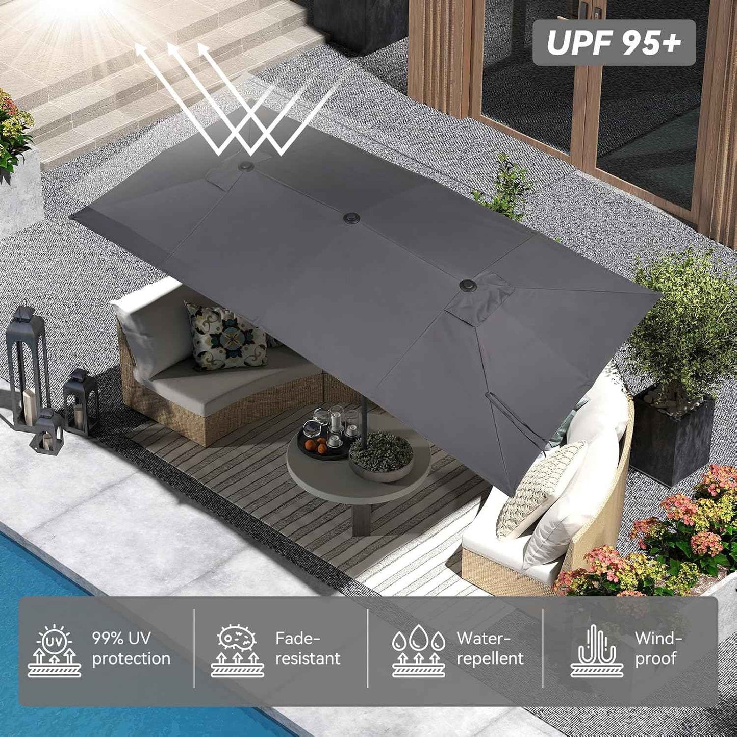 15×15ft Outdoor Patio Umbrella, Double Sided Market Rectangle Umbrella with Crank Handle, Large Sun Shade for Outside Deck, Backyard, Garden