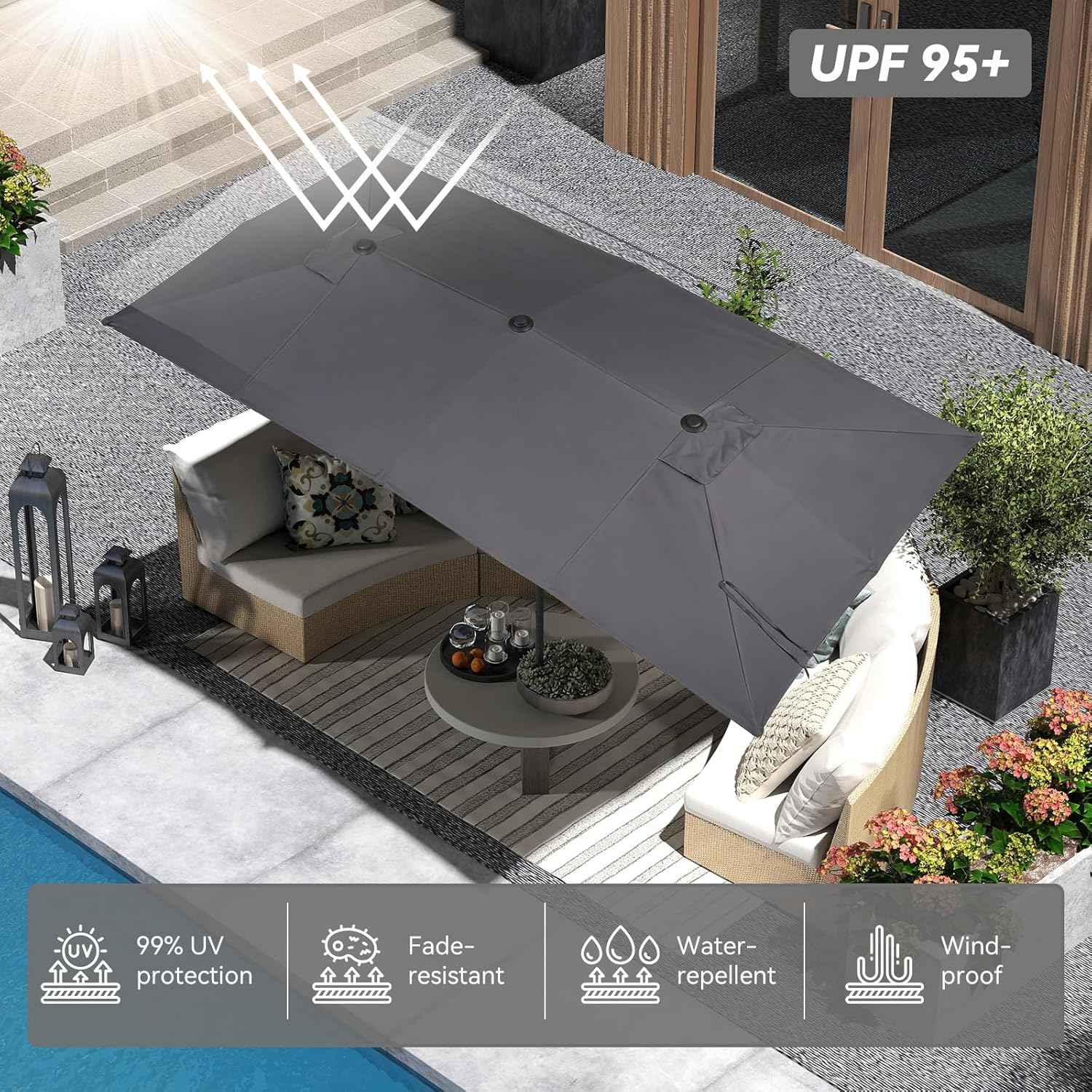 15×15ft Outdoor Patio Umbrella, Double Sided Market Rectangle Umbrella with Crank Handle, Large Sun Shade for Outside Deck, Backyard, Garden