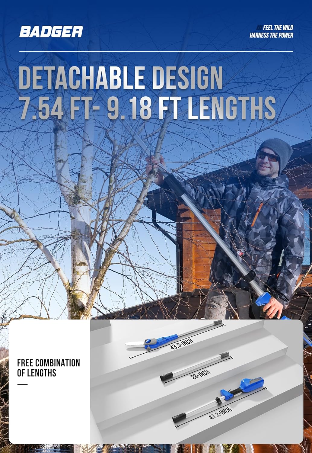 WILD BADGER POWER Pole Saw Cordless 40V 8'' Electric 2.0Ah with Detachable Pole, 2Ah Battery and Charger included