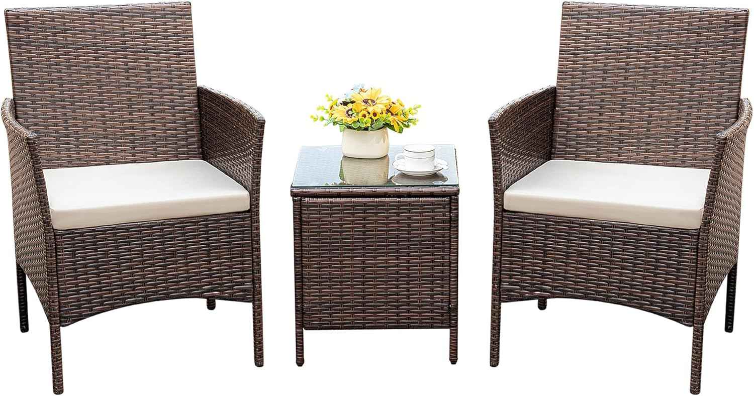 Rankok Patio Chairs Set of 2 Outdoor Front Porch Furniture Bistro Set 3 Piece Wicker Patio Chairs Balcony Furniture for Backyard Patio Balcony Lawn Pool (Brown)