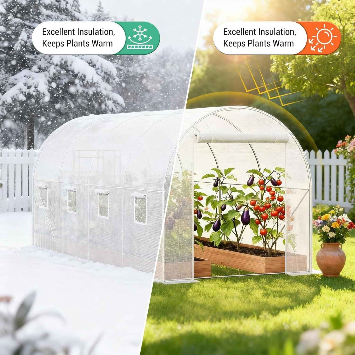Outdoor Walk-in Tunnel Greenhouse, 15x7x7 ft Large Hoop Garden Plant Hot House with Roll-Up Zipper Door, 8 Screen Mesh Windows, Galvanized Steel Frame & White PE Cover for Backyard Plants Shed