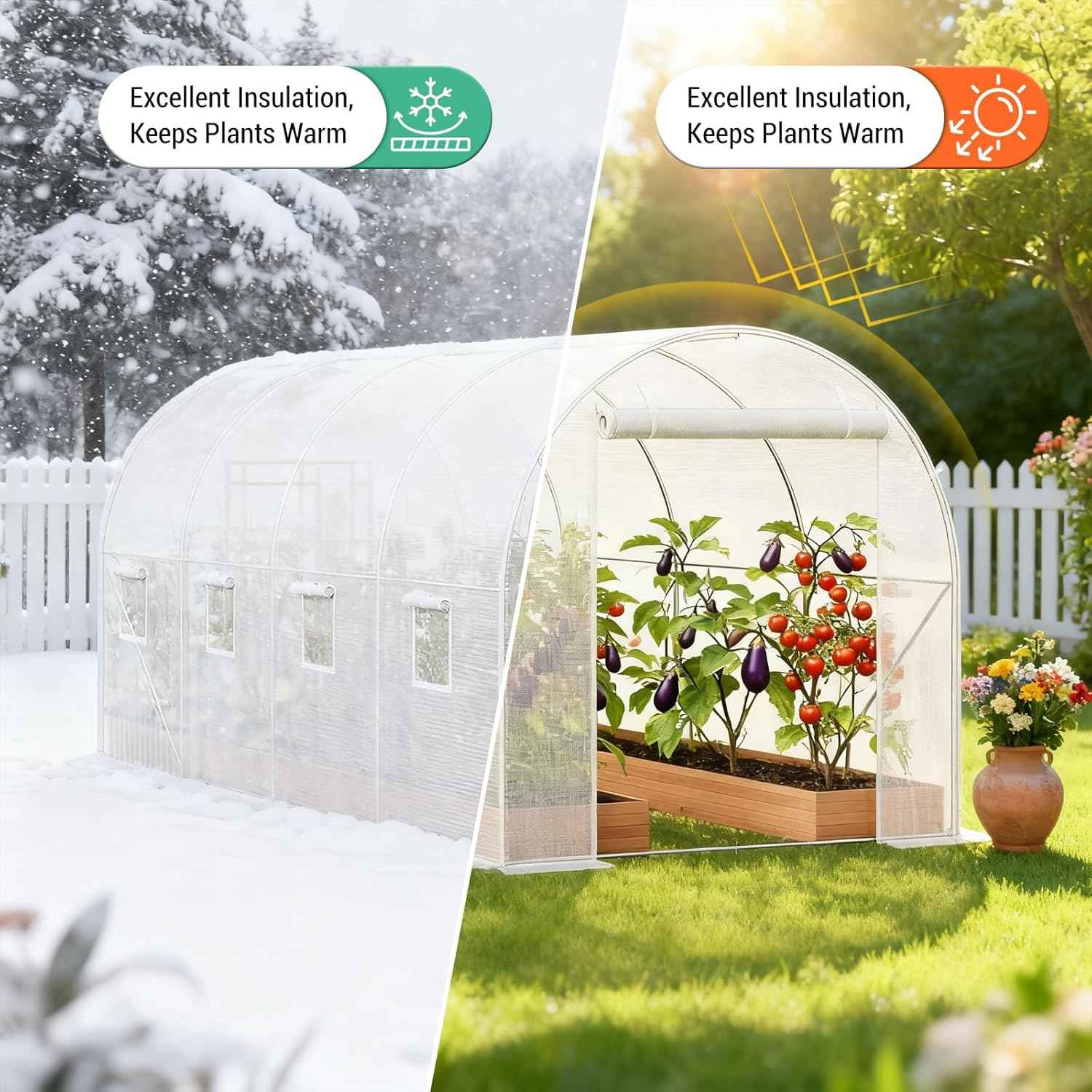 Outdoor Walk-in Tunnel Greenhouse, 15x7x7 ft Large Hoop Garden Plant Hot House with Roll-Up Zipper Door, 8 Screen Mesh Windows, Galvanized Steel Frame & White PE Cover for Backyard Plants Shed