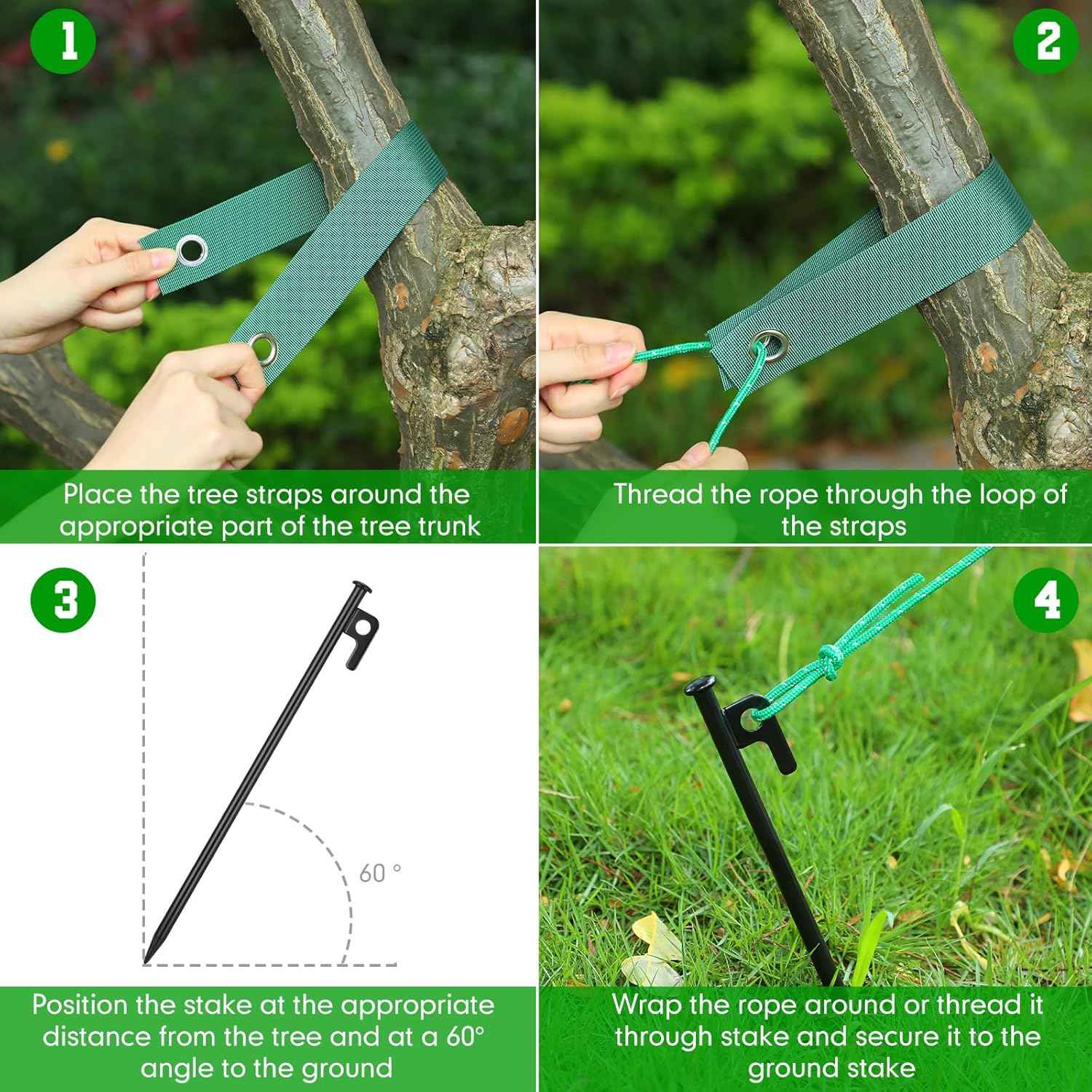 Suzile 48 Pcs Tree Stake Kit, Heavy Duty Tree Staking and Supports for Leaning Trees Include 11. 8'' Steel Stakes 15. 8'' Support Straps 13. 12 ft Rope for Anchoring Hurricane Protection (Green)