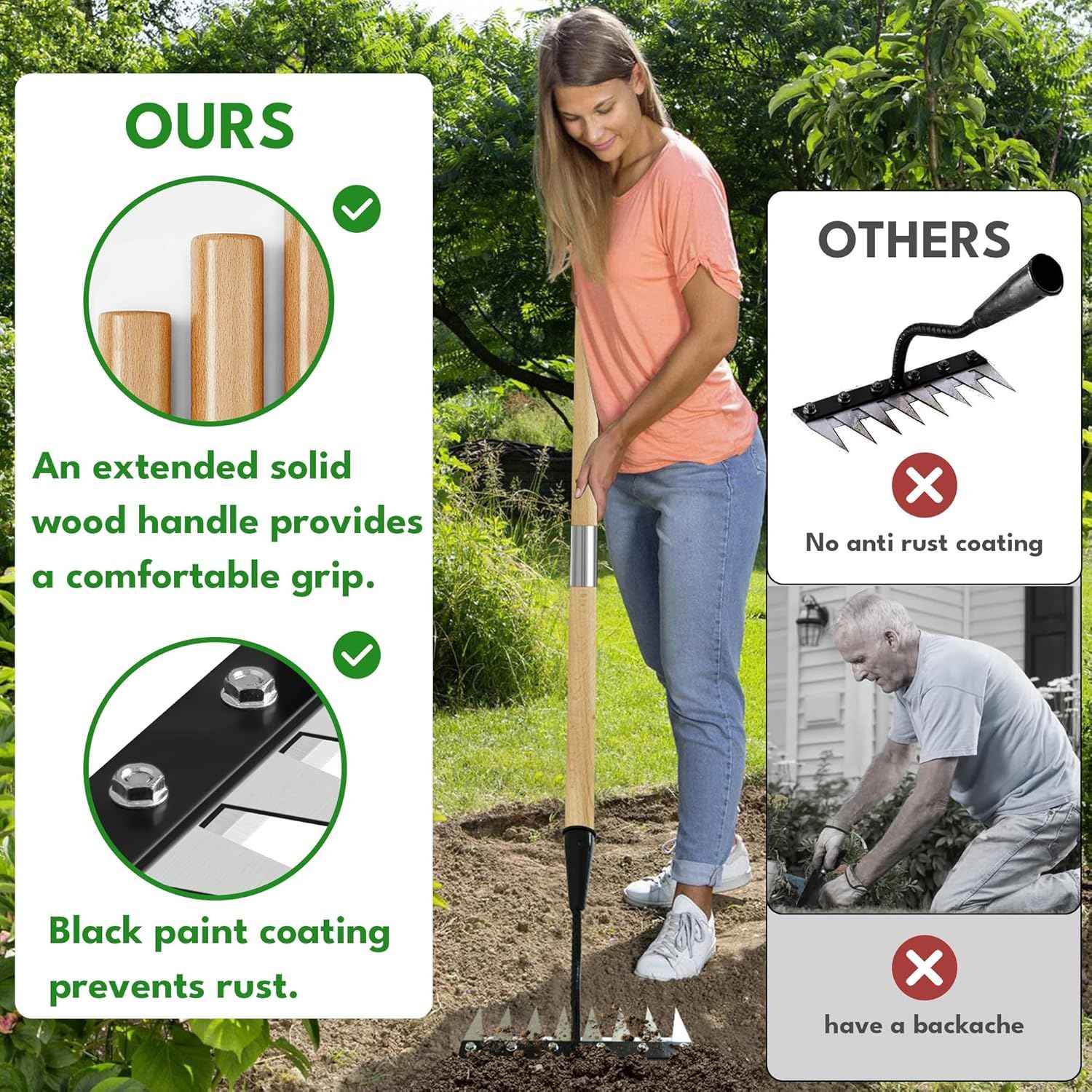 Iron Weeding Rake with Long Handle 2.0, Upgraded 8 Teeths Garden Weed Puller Tool Heavy Duty Gardening Tool for Lawn, Flower Beds & Soil Aeration