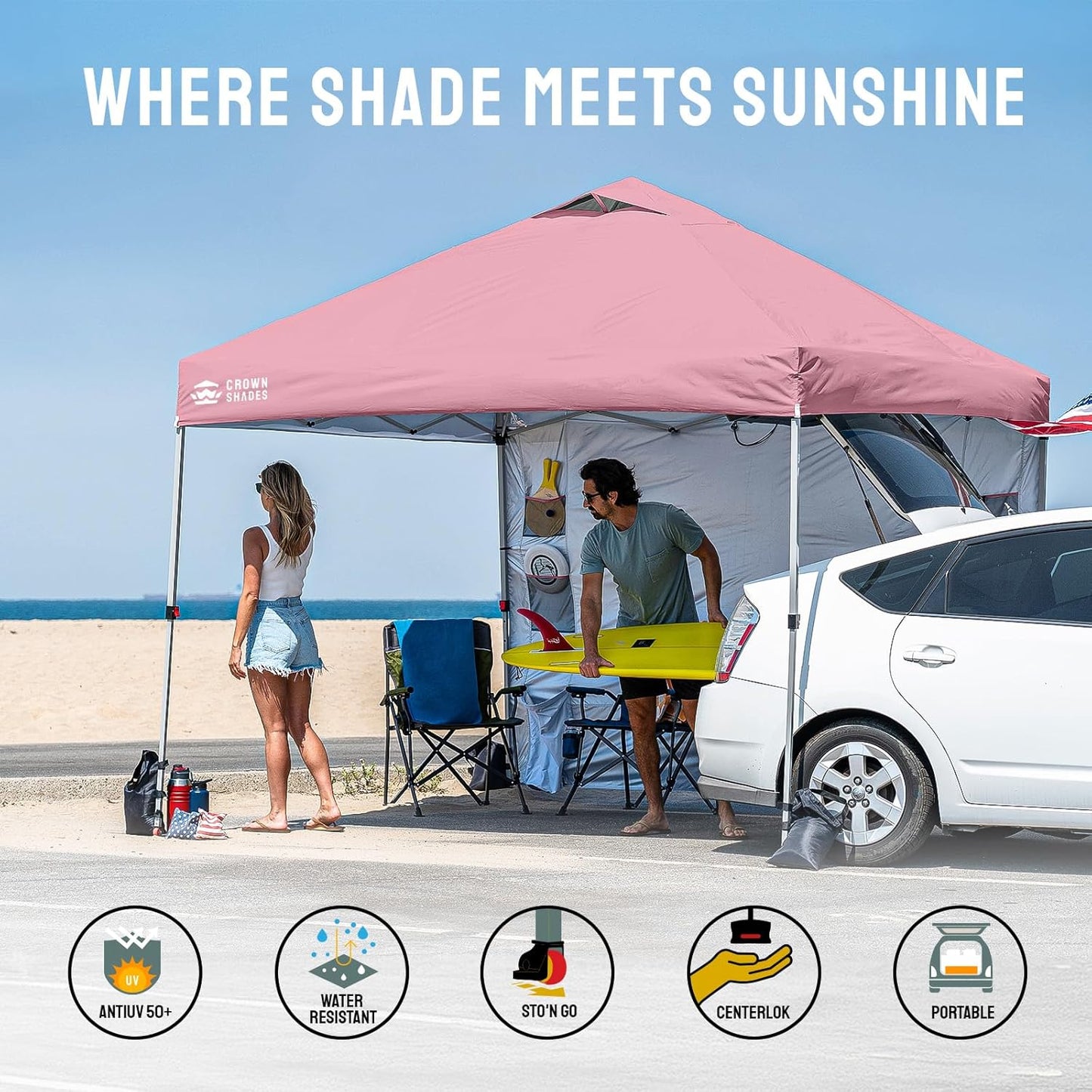 CROWN SHADES Canopy Tent, 10 x 10 Foot Portable Pop Up Outdoor Shelter with Pocket Sidewall, Push Center Lock, UV Protection, and Carry Bag, Pink