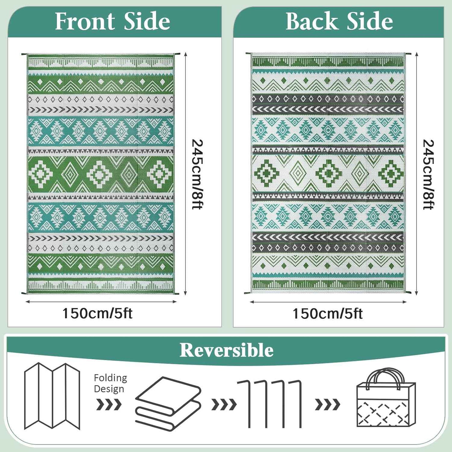 Outdoor Rug 5x8 ft Waterproof Reversible Plastic Straw Patio Camping Rug, Portable Indoor Outdoor RV Mat Carpet for Deck, Camper, Porch, Balcony, Backyard, Picnic, Blue