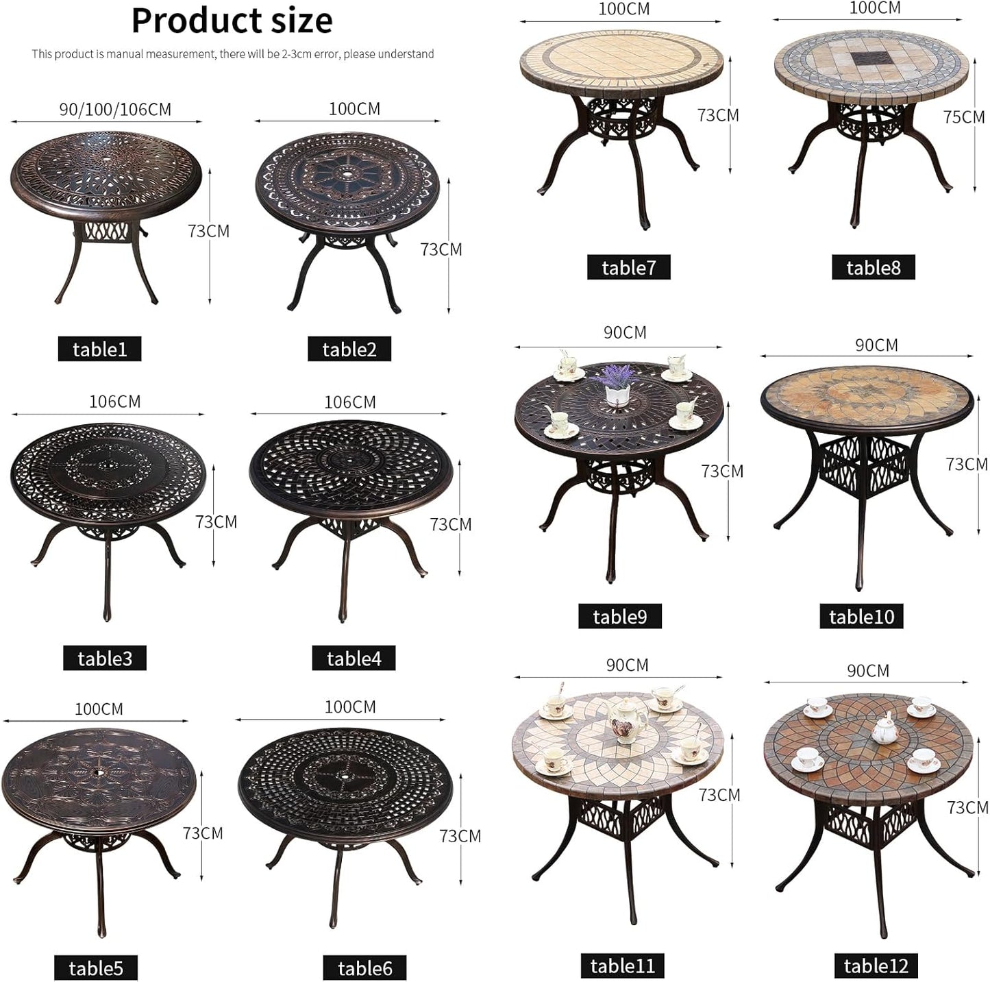 Outdoor Table Tile Round Patio Table All Weather Aluminum Frame Outdoor Dining Tables for Lawn Garden Backyard (100cm Ore White Round Table)