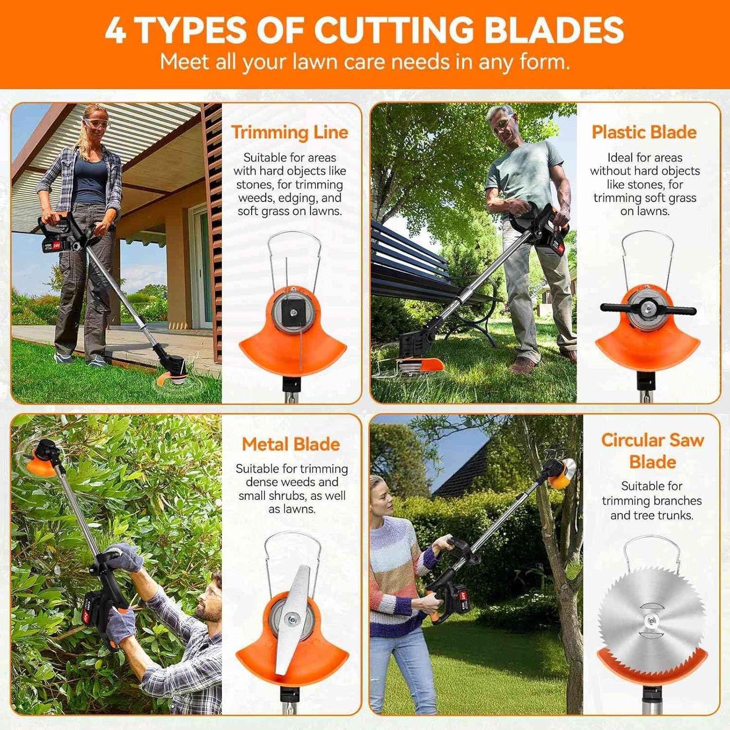 Electric Weed Wacker Cordless,24v Weed Eater Battery Powered 3 In 1 Lightweight Grass Trimmer With 2 4.0 Ah Batteries & Charger, Weed Eater With Blade & Wheels For Women,Lawn Care,Garden,Yard (Orange)