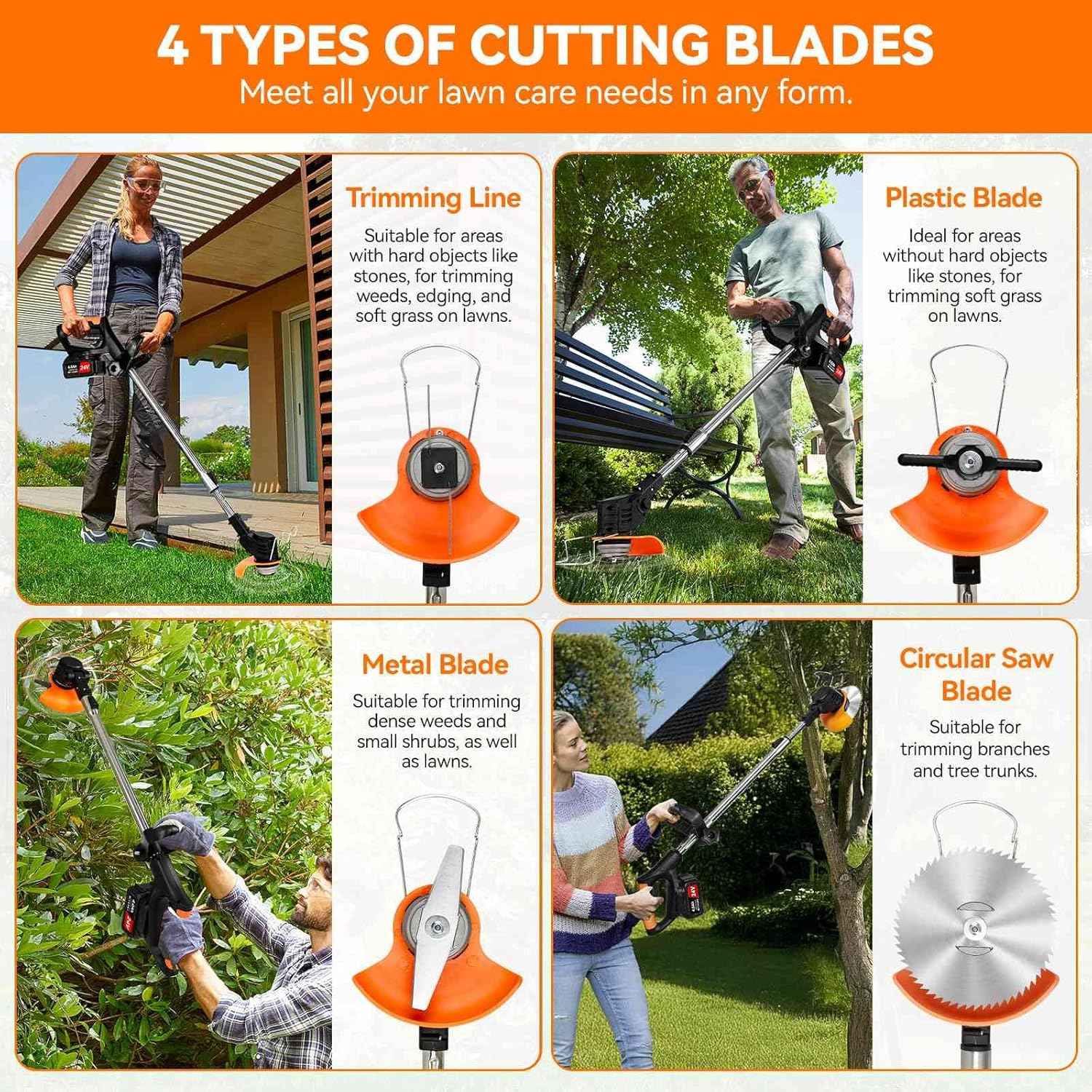 Electric Weed Wacker Cordless,24v Weed Eater Battery Powered 3 In 1 Lightweight Grass Trimmer With 2 4.0 Ah Batteries & Charger, Weed Eater With Blade & Wheels For Women,Lawn Care,Garden,Yard (Orange)