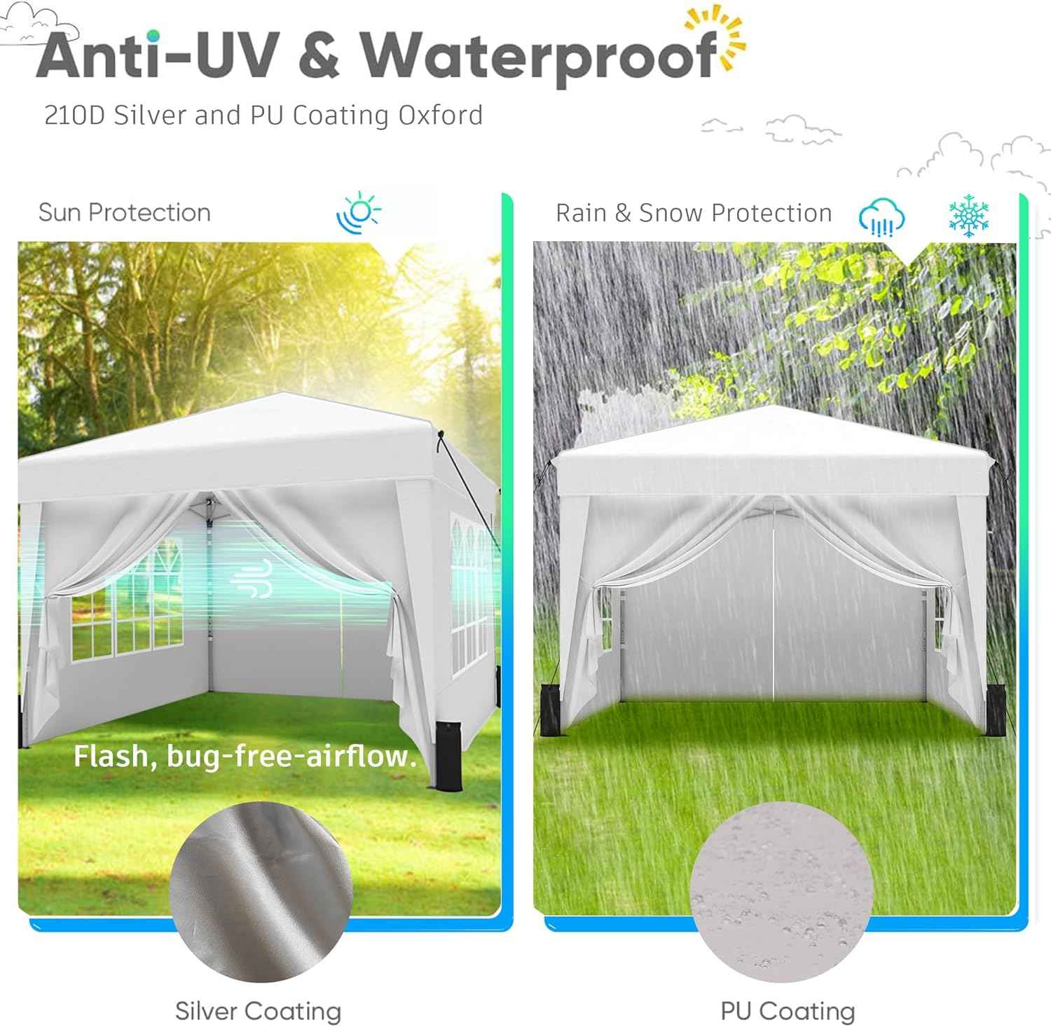 SANWAY 10x10 Pop Up Canopy Tent with Sidewalls x 4 – Easy Setup Canopy Tent, Waterproof, UV-Resistant, Portable with Carry Bag for Outdoor Events, Camping, and Backyard Parties – White