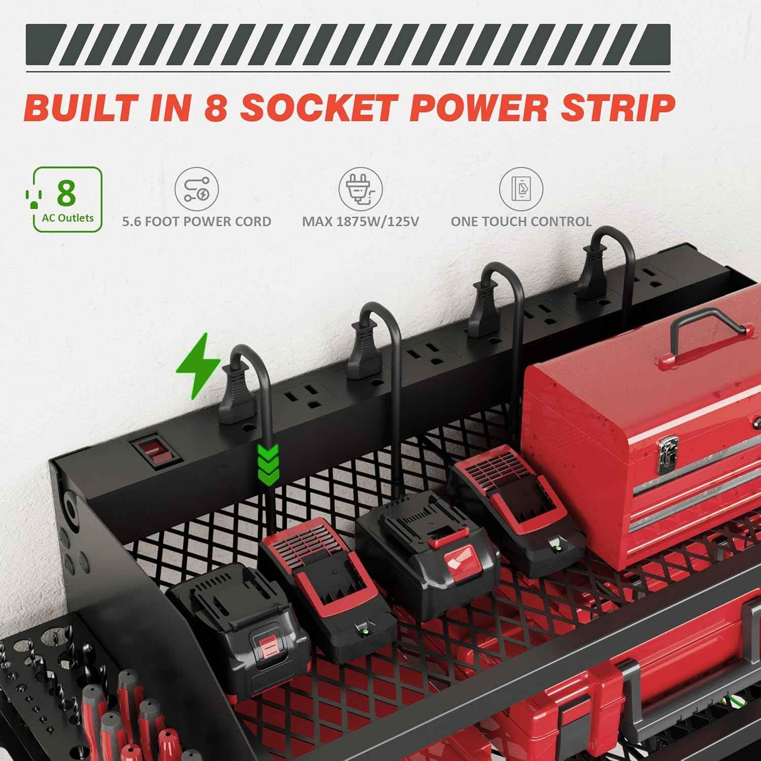 Power Tool Organizer Wall Mount with Charging Station, 8 Outlet Heavy Duty Metal Garage Tool Storage Rack, 23 Inch 3 Tier Shelves for Workshop & Garage Organization