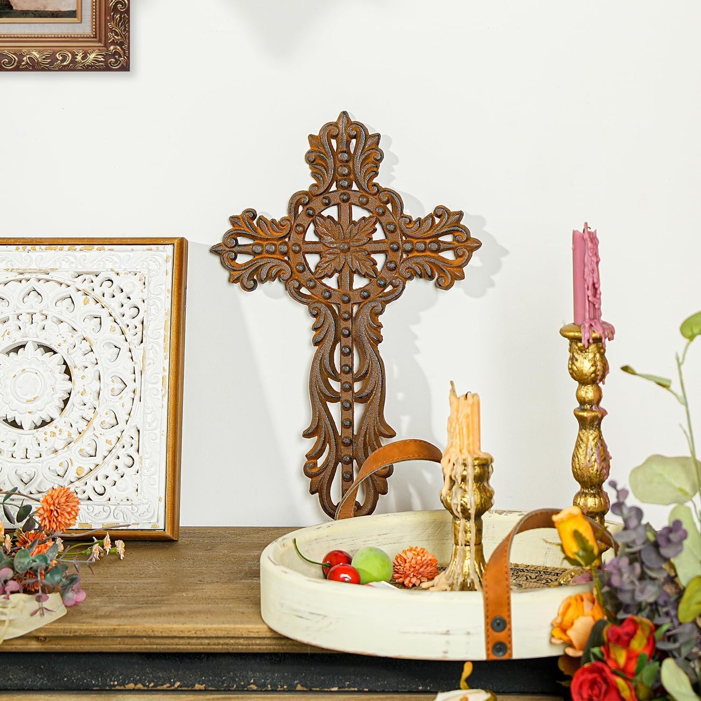 Sungmor Cast Iron Cross Wall Decor, Ornate Metal Wall Art, Vintage Decorative Outdoor Hanging Cross, Rustic Brown Religious Wall Sculpture Farmhouse Home Decor