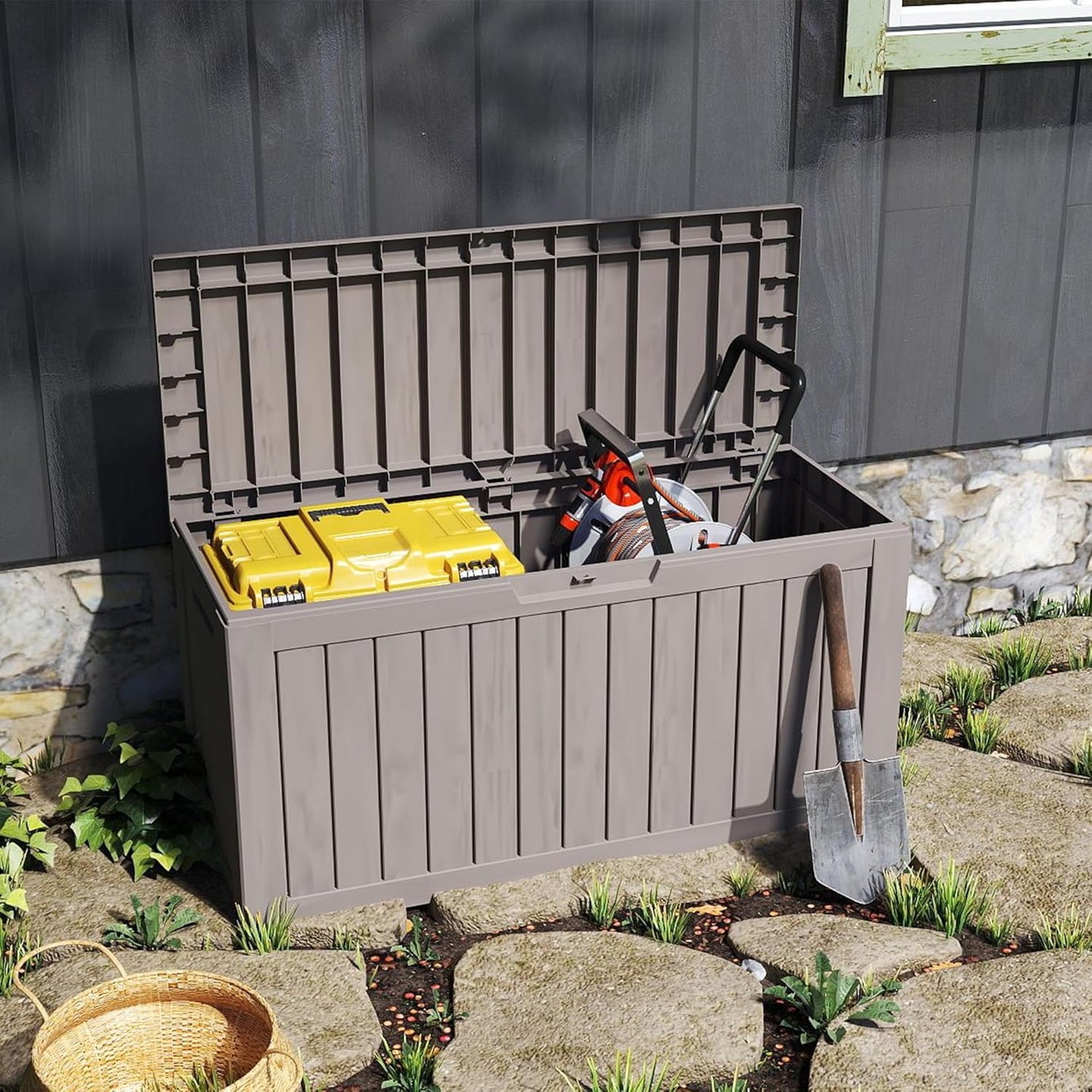 80 Gallon Coffee Resin Deck Box - Rustic Outdoor Storage for Garden Tools, Patio Essentials & Package Delivery - Weatherproof, Lockable for Farmhouse Decks