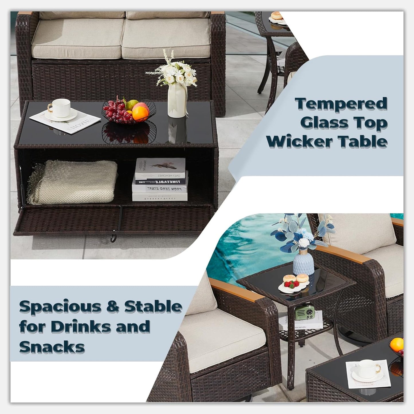 5 Pieces Outdoor Furniture Set with Swivel Chairs, Patio Wicker Patio Furniture Sets for Porch Deck Bistro Lawn Garden Backyard Poolside-Khaki