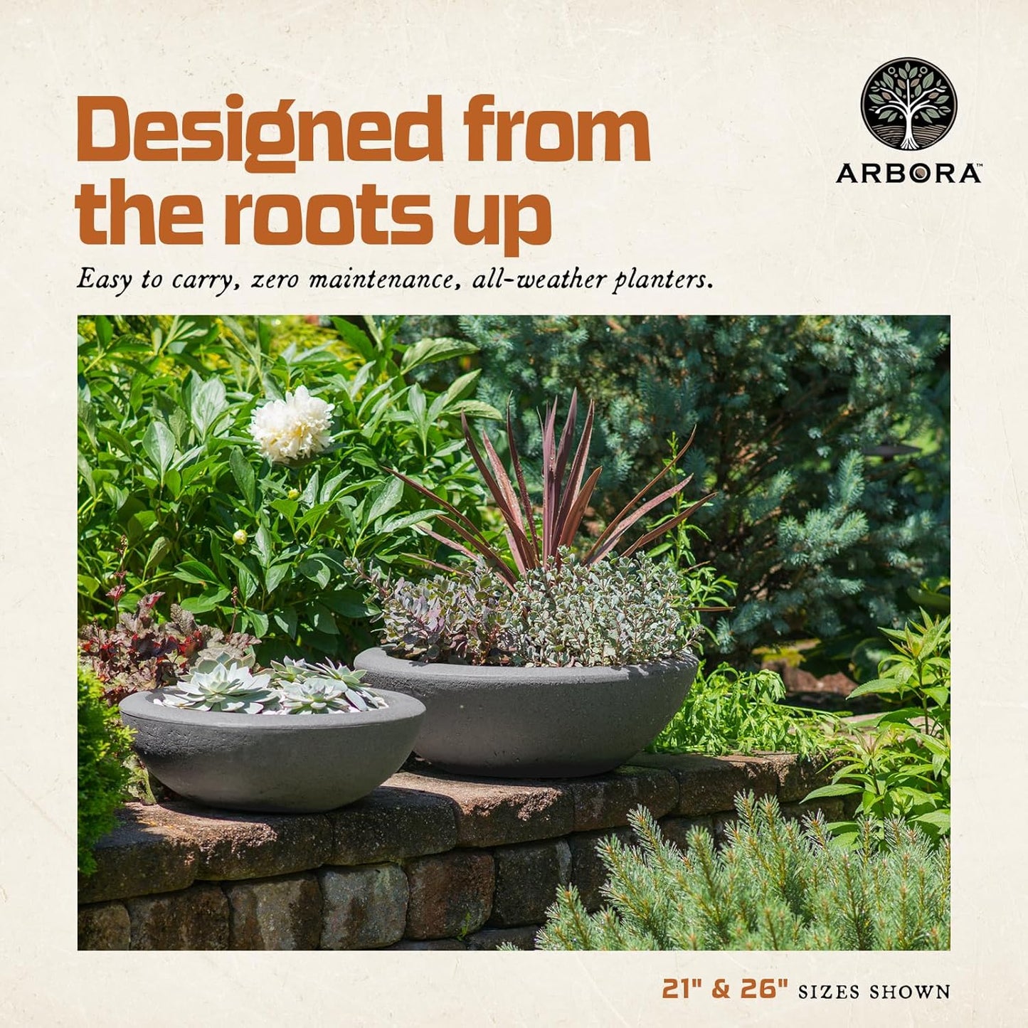 ARBORA 26" Santorini Bowl Polyresin Indoor and Outdoor Planter with Stone Blend Concrete Gray Finish - Durable, Weatherproof, Lightweight, Large Plant Pot for Patio, Garden, Deck, Entryway