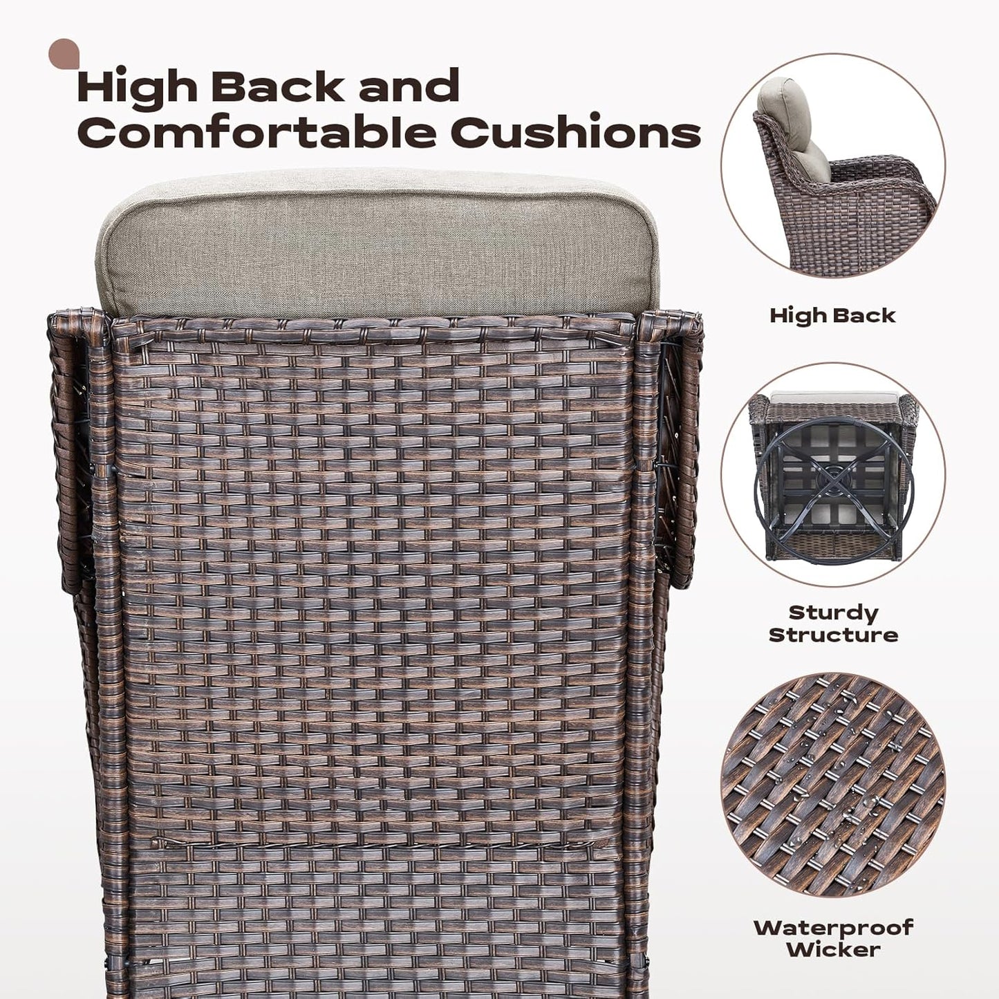 Wicker Outdoor Patio Furniture Set - 7 Piece Patio Conversation Sets with Swivel Rocker Chairs, Ottomans and Sofa, 6 inch Cushions, Waterproof Wicker, for Porch Deck Brown/Beige
