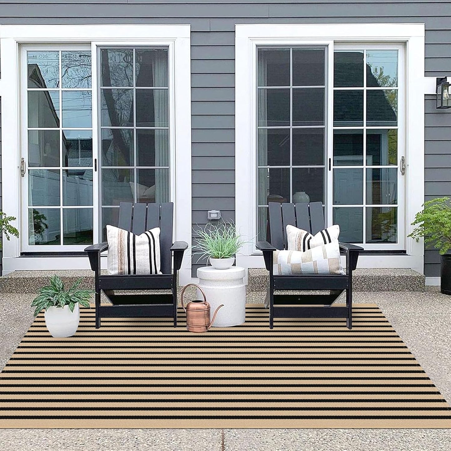 IOHOUZE Striped Area Rug 4'x6' Front Door Rugs Washable Area Rug for Double Front Porch, Large Patio Rug Outdoor Indoor, Doormat for Entryway Porch Entrance, Tan/Black