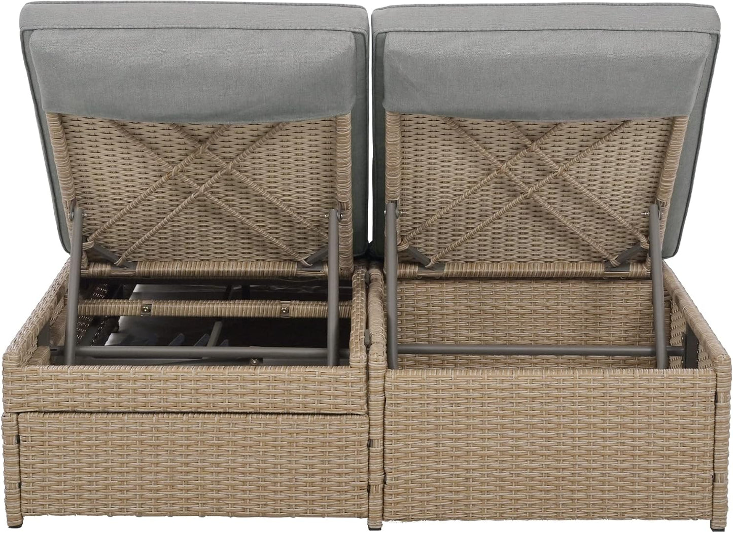 Outdoor Rattan Daybed Patio Wicker Double Sunbed with Adjustable Backrest and Cup Tray, All Weather Patio Reclining Chairs Conversations Set with Thick Cushions and Pillows for 2 Person (Brown-D)