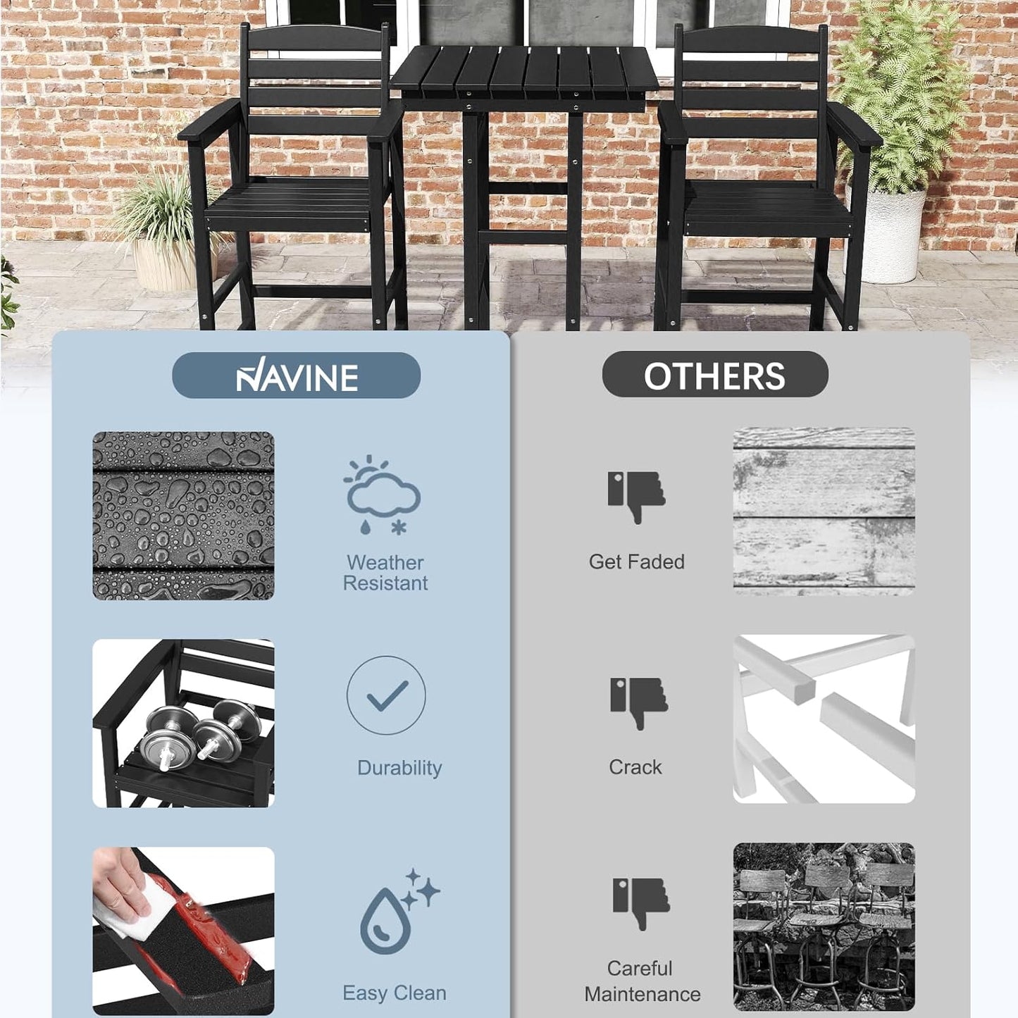 NAVINE 3-Piece Adirondack Bar Table and Chair Set, HDPE All-Weather Bar Height Chairs Set of 2 with Bar Table, Outdoor Patio Bar Set for Bistro, Balcony, Patio, Poolside, Black