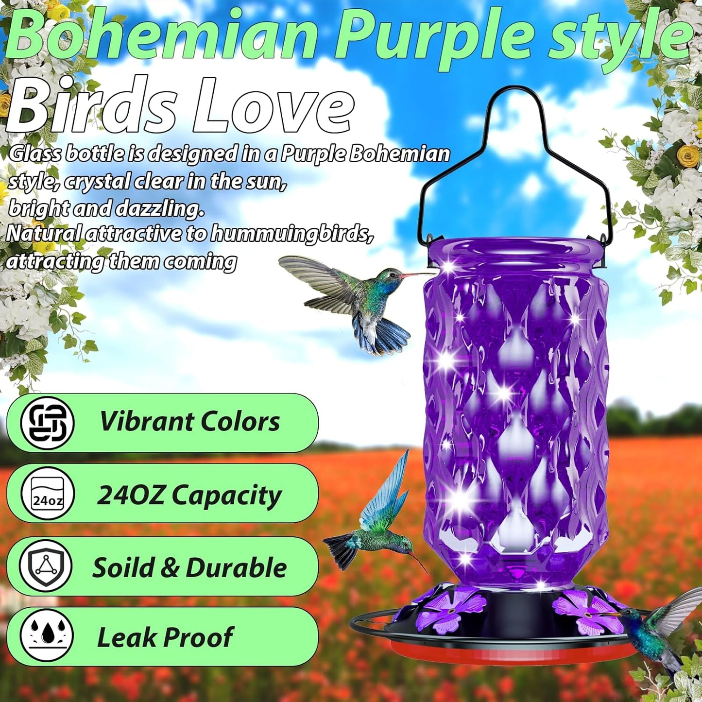 24OZ Glass Hummingbird Feeders for Outdoors Hanging,Five Feeding Ports with Perch, Leak Proof for Gardens Decor Backyard, Bird Feeder for Outside, Birthday Gifts for Women Men, Gifts for Mom Dad