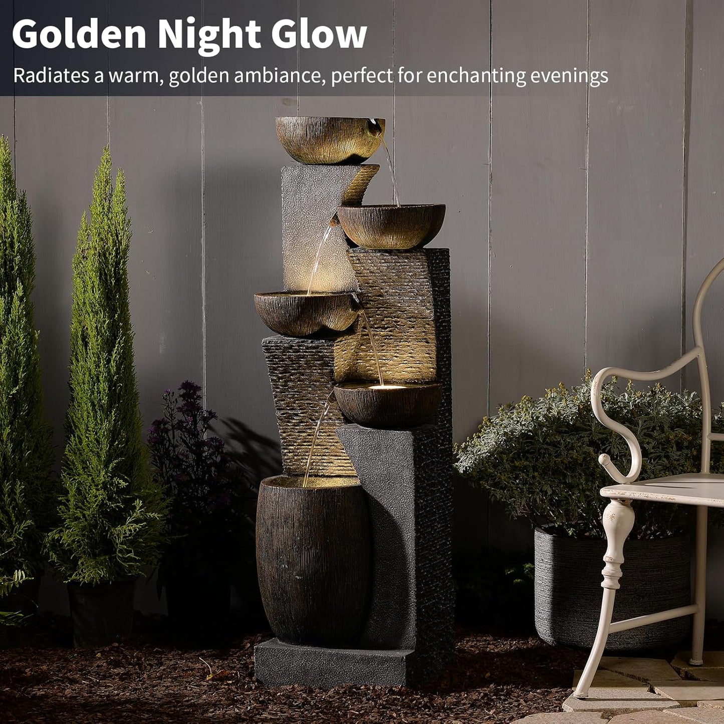 Bumilgar51.4 H Water Fountain Outdoor&Indoor, 5-Tiers Cascading Modern Feature Crocks Garden Fountains and Waterfalls with Warm Lights for Porch, Deck, Patio, Home Décor (Gray)