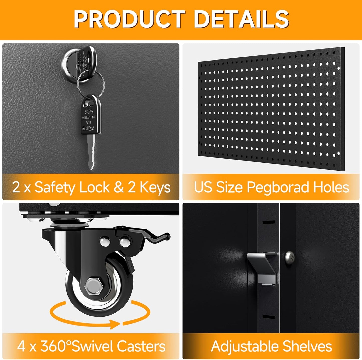 Rolling Garage Storage Cabinet with Wheels and Pegboard,Metal Storage Cabinet with Doors and Adjustable Shelves,Lockable Steel Tool Cabinet for Garage,Warehouse,Utility Room,Home,Office(Black Gray)