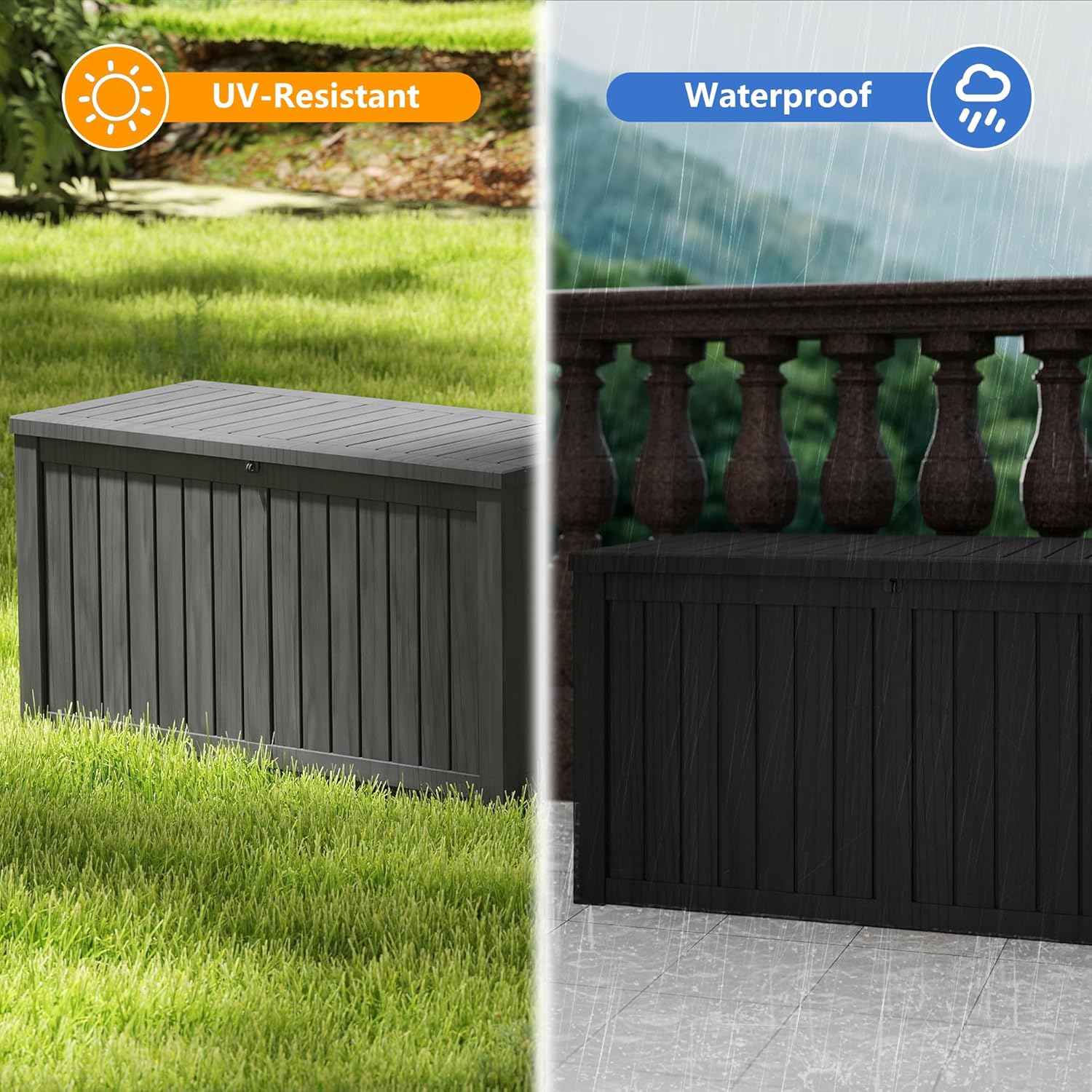 200 Gallon Outdoor Storage Box Waterproof Large Resin Deck Box Indoor/Outdoor Lockable Storage Container and Seating for Garden, Pool, and Patio (200 Gallon, Black)