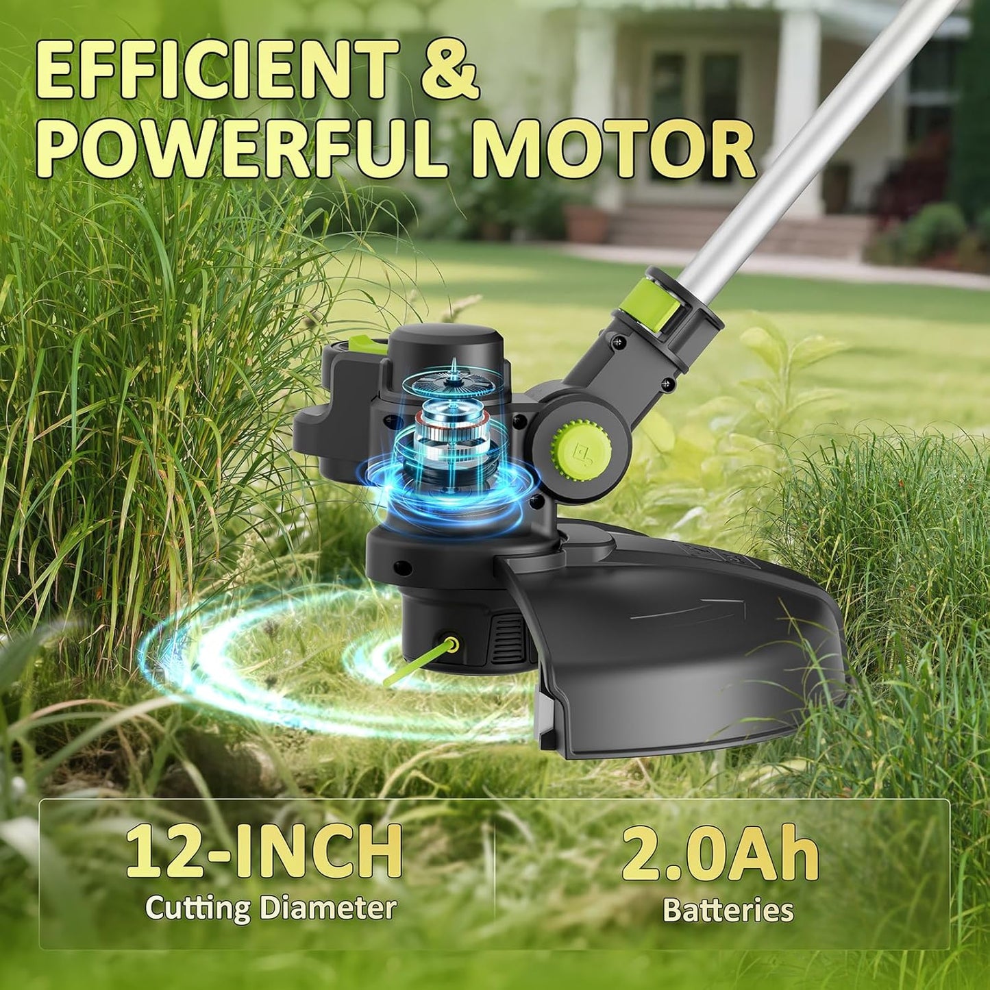 20V Cordless String Trimmer, Two 2.0Ah Battery Powered with Fast Charger, 12'' Grass Cutter with Auto Line Feed, 3-in-1 Electric Lawn Mower Grass Trimmer&Edger Lawn Tool with 8 Lines for Yard, Garden