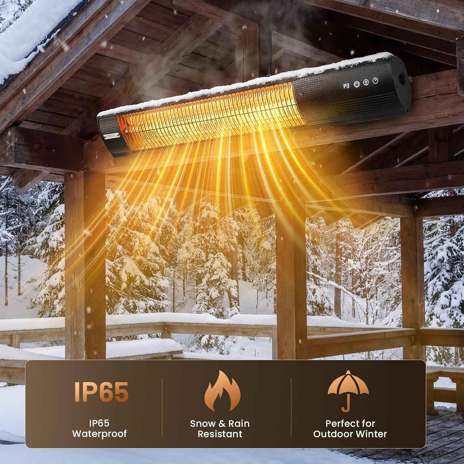 YESERLl Electric Patio Heater with Remote Control- 1500w Outdoor Heater Fast Heating with 3 Power Setting, WallMounted Carbon Infrared Heater Quiet - IP65 Waterproof and 24H Timer for Snow Outdoor