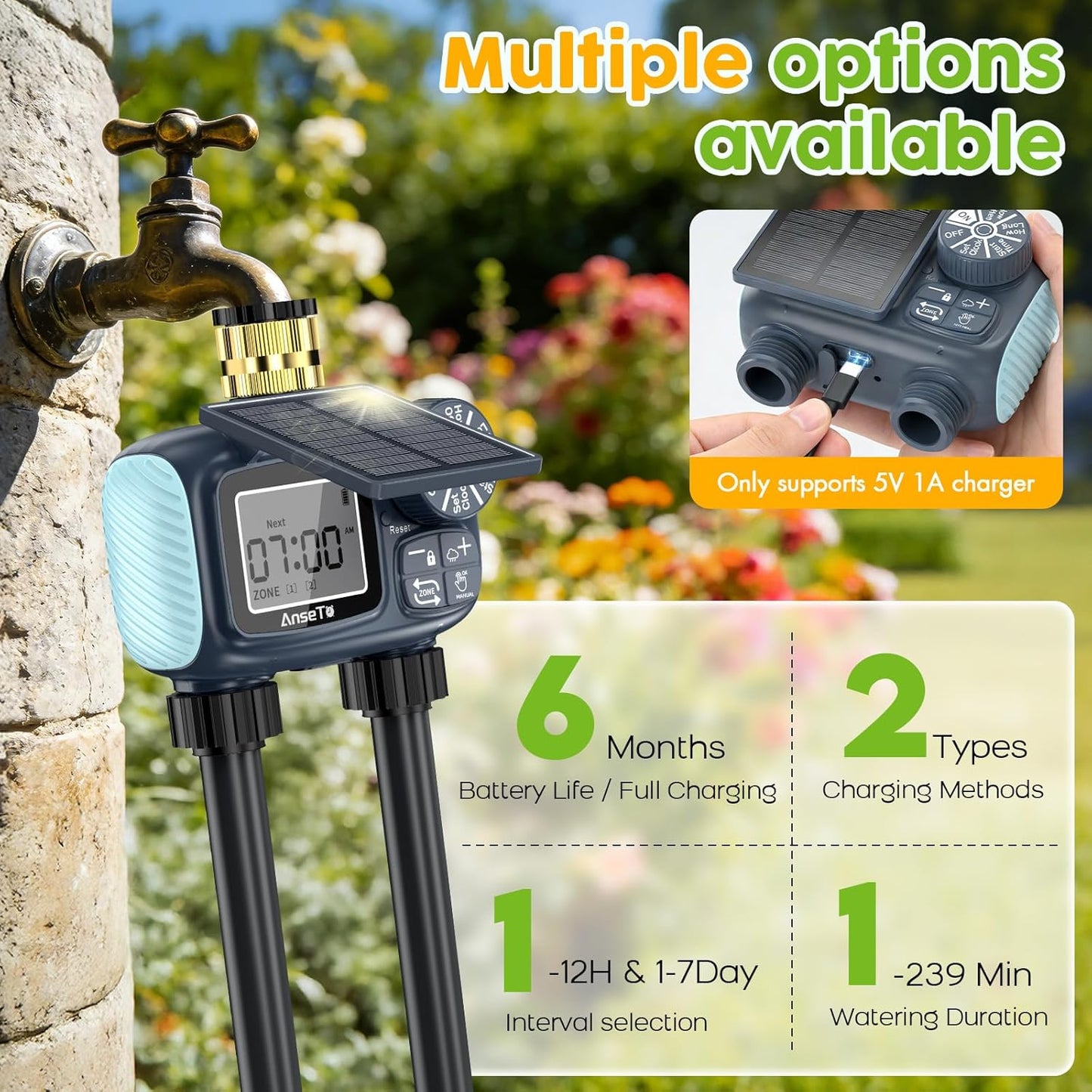 Solar Sprinkler Timer,Brass Inlet Hose Timer for Garden Hose,Programmable Water Timers,Plant Watering Devices,Garden Watering System, Rain Delay/Manual/Automatic Irrigation System, 2 Outlet