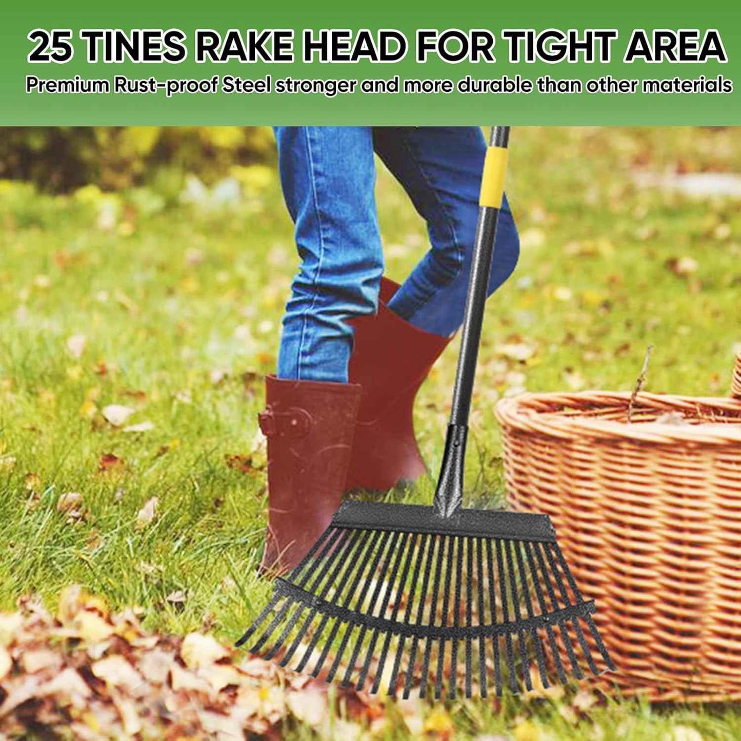 Garden Leaf Rakes, 6FT Rake for Lawns Heavy Duty 25 Metal Tines 18.5 inch Wide, Adjustable Steel Handle, Rakes for Leaves, Gathering Shrub, Grass, Yard