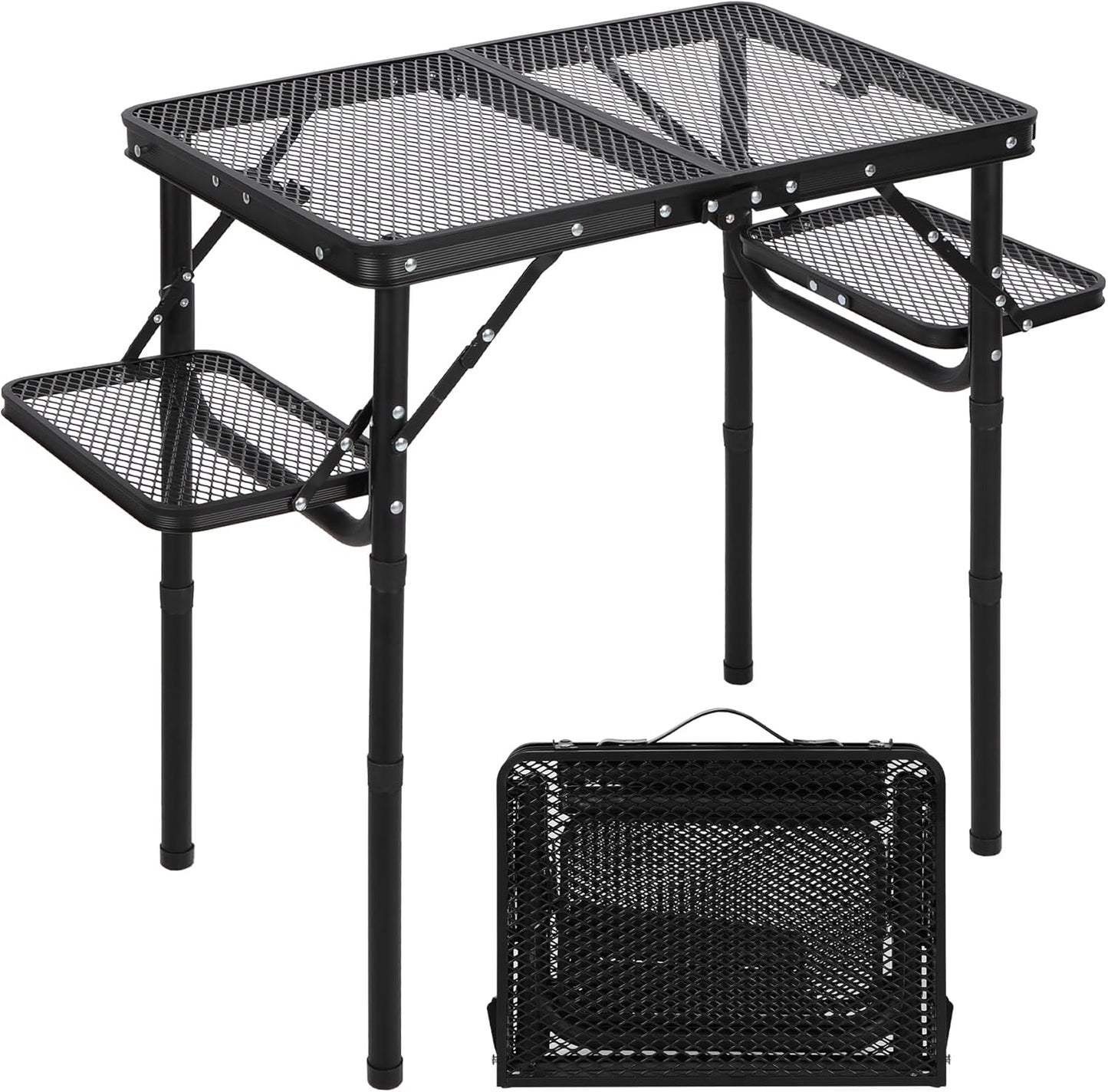 RedSwing Folding Grill Table with Extra Space, Adjustable Height Portable Small Stand Table for Outdoor Indoor Camping Picnic BBQ, Black with Side Table