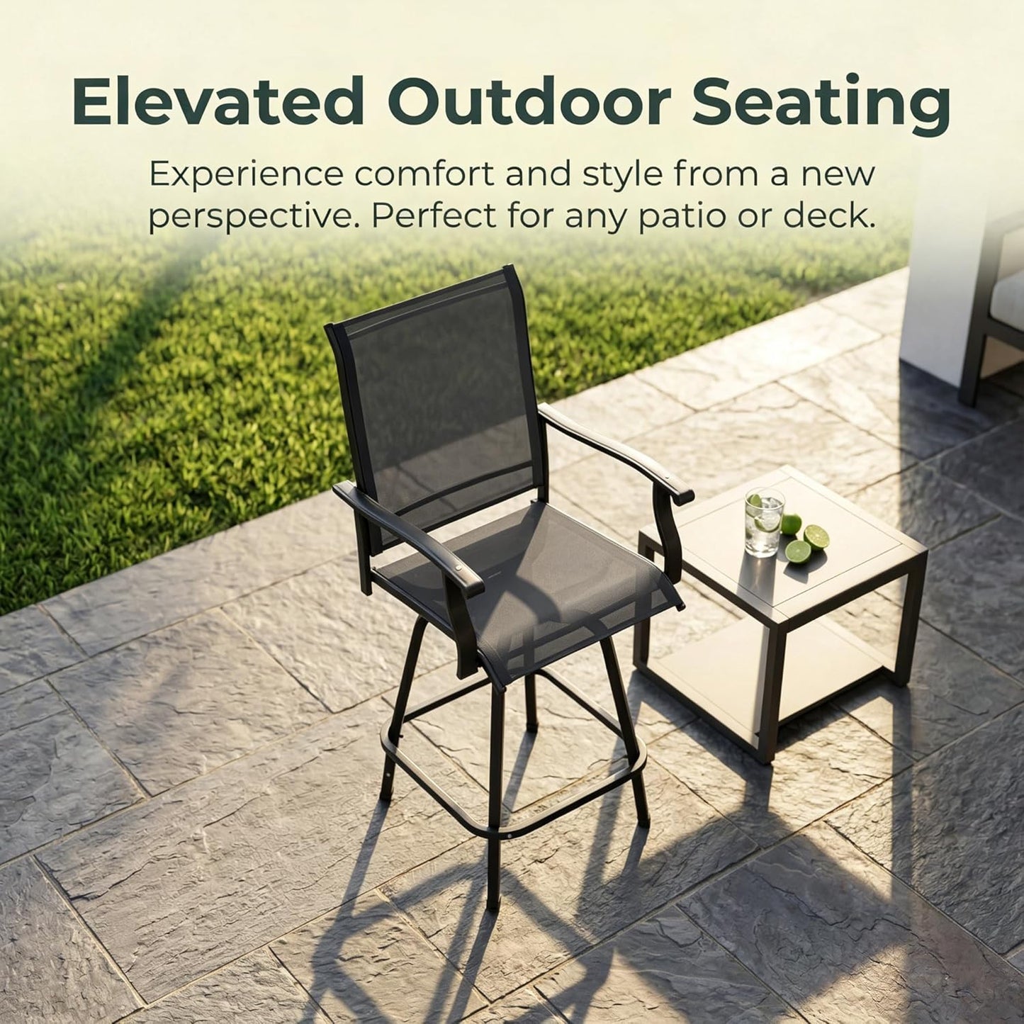 Oakcloud 4-Piece Patio Swivel Bar Stools, All-Weather Padded Textilene High Top Chairs, Swivel Outdoor Bar Height Furniture, Adjustable Feet for Lawn, Garden, Poolside (Grey)