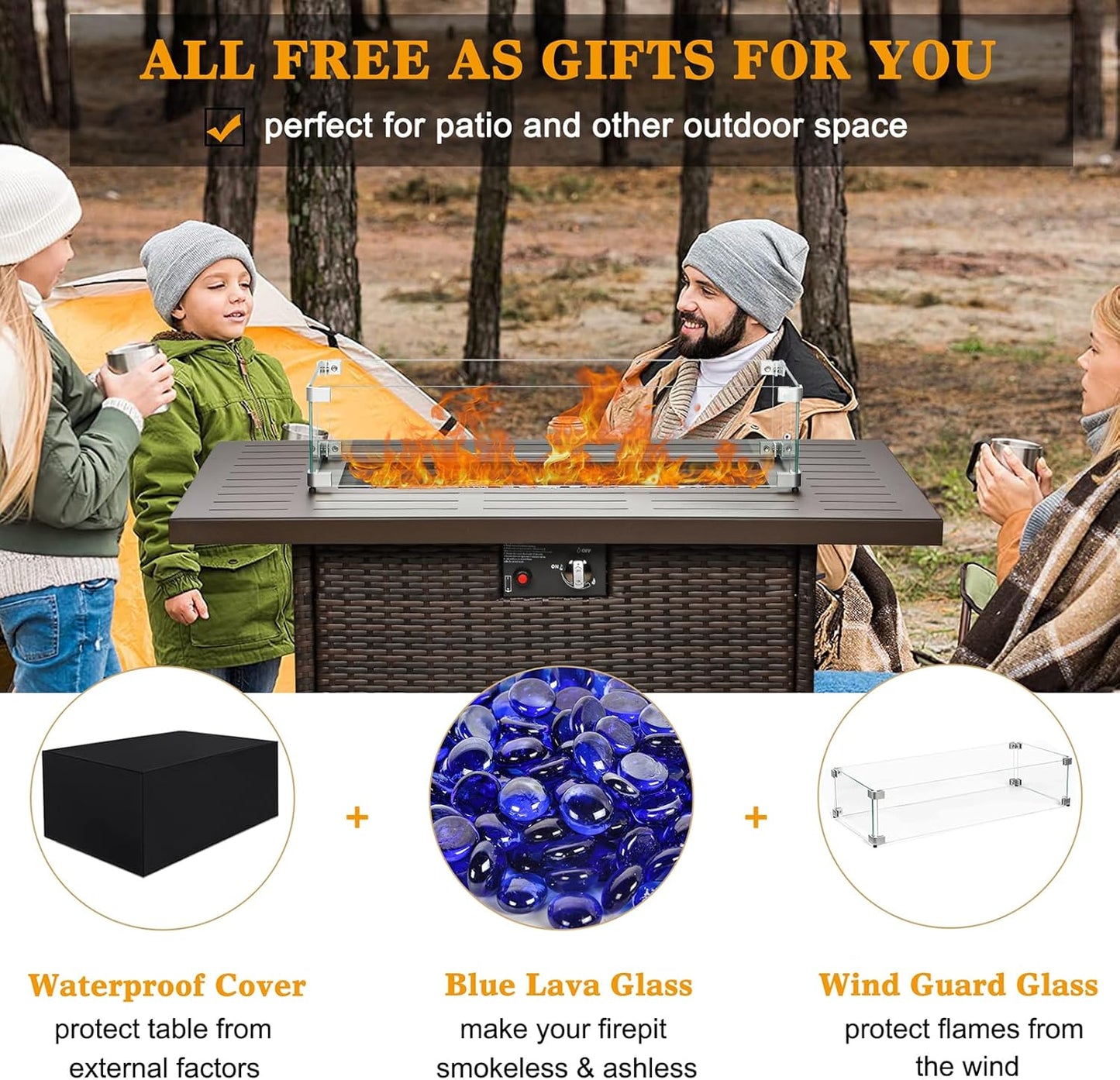 LayinSun 44" Propane Gas Fire Pit Table, 55000 BTU Rectangular Fire Pit with Glass Wind Guard for Outside Patio Deck Garden Backyard Brown-Aluminum Top