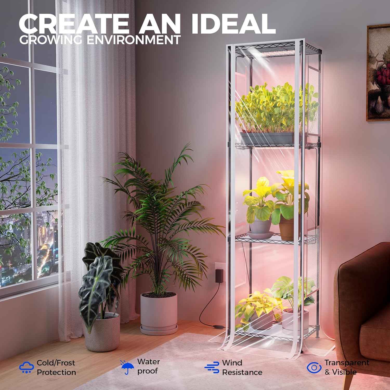 CX83Z Indoor Greenhouse with Grow Light, 4-Tier Corner Plant Stand, 30W Full Spectrum Growing Light Panels, Mini Greenhouse with Tent for Seed Starting, 3/6/12h Timer, 15.7 x 11.8 x 59.1IN