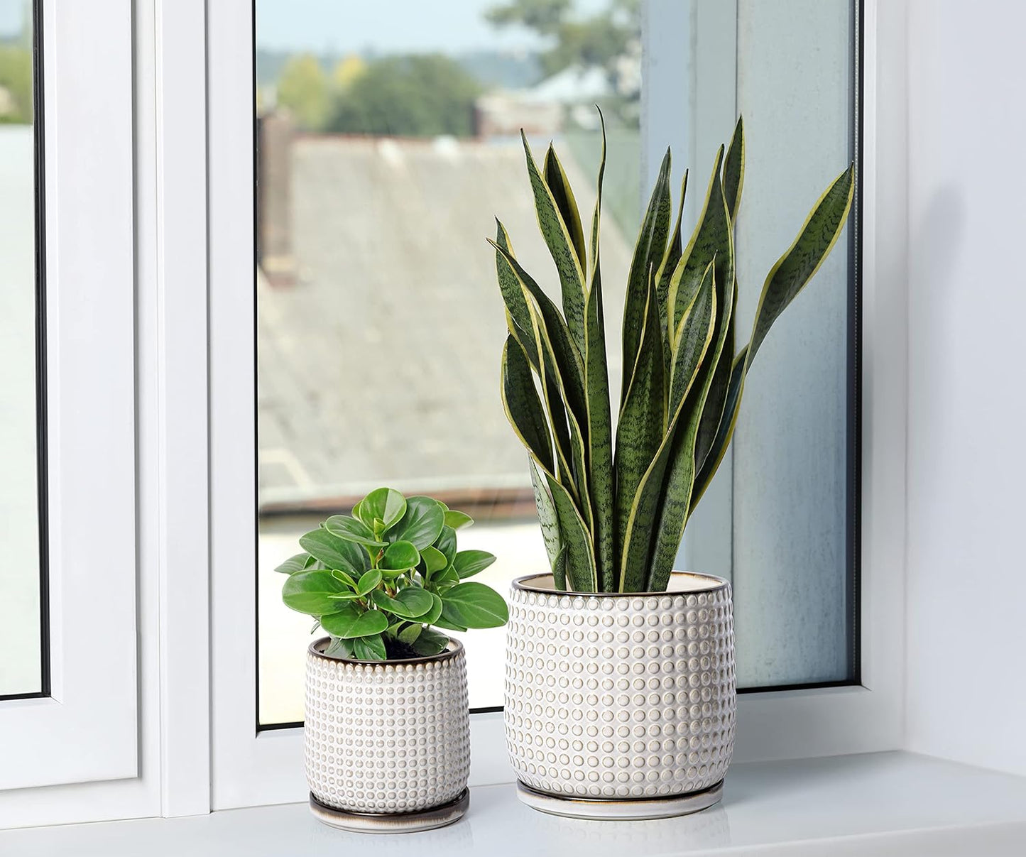 D'vine Dev 8 Inch 6 Inch Ceramic Indoor Planter Pots with Drainage Hole and Saucer, Beaded Design Flower Pots, Set of 2, Smoked White, 27-D-P-1