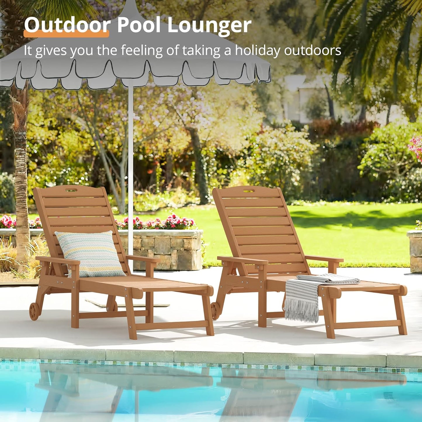 LUE BONA Chaise Lounge Chair with Table, 2-Piece, 79'' Oversized HDPS Chaise Lounger, 5 Positions Adjustable Lounge Chairs, Pool Lounge Chair with Wheels for Poolside, 3 Year Warranty, Teak Color