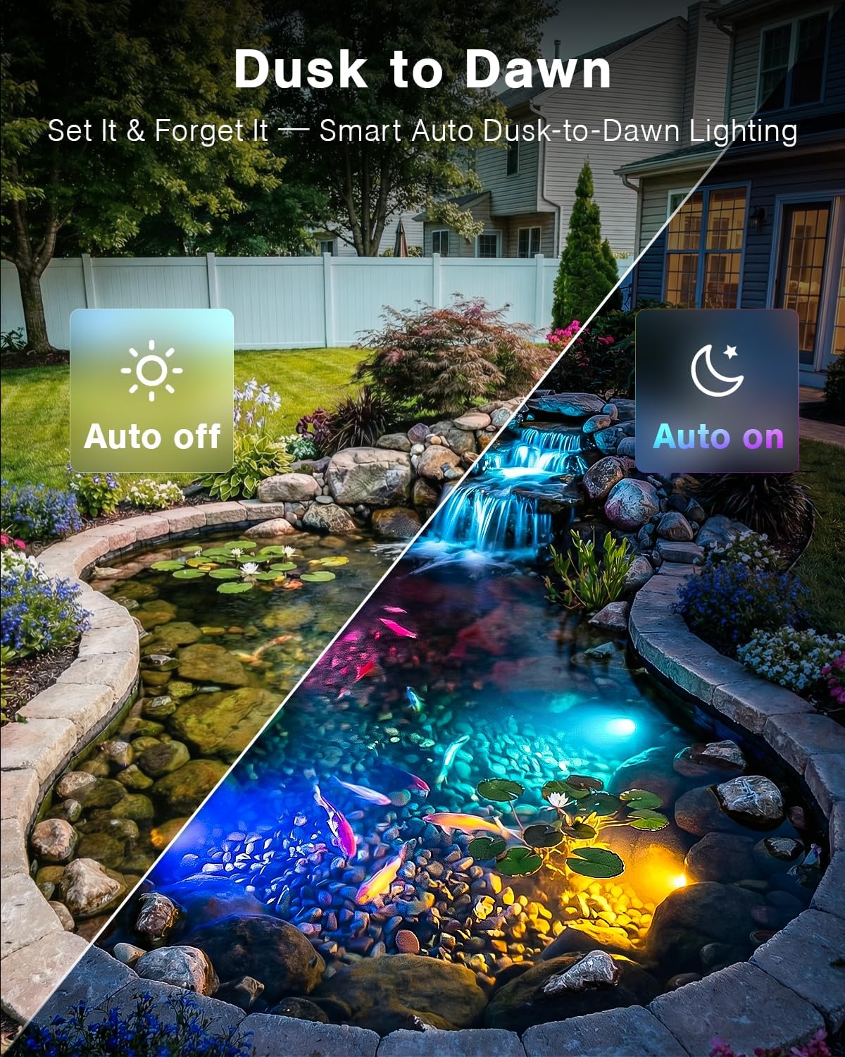 HIBOITEC LED Pond Lights, RGBWW Underwater Fountain Light with 12V Timer Transformer,Photocell Light Sensor, IP68 Waterproof Outdoor Underwater Lights for Outdoor Ponds Garden, 6 Head