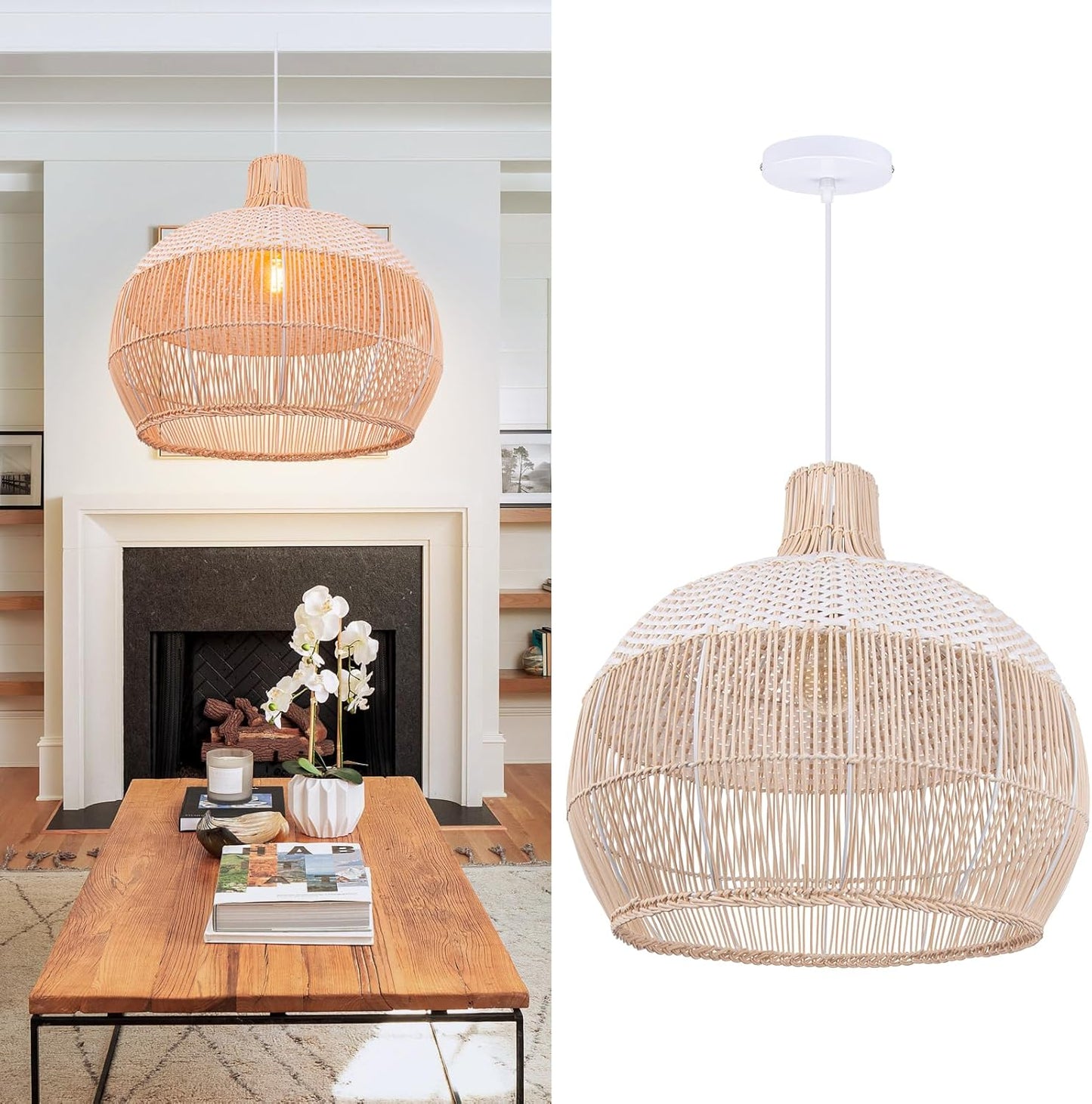 Arturesthome White Handwoven Rattan Boho Pendant Lighting Fixtures, Wicker Hanging Ceiling Light Chandelier, Handmade Woven Basket Lampshade for Kitchen Island