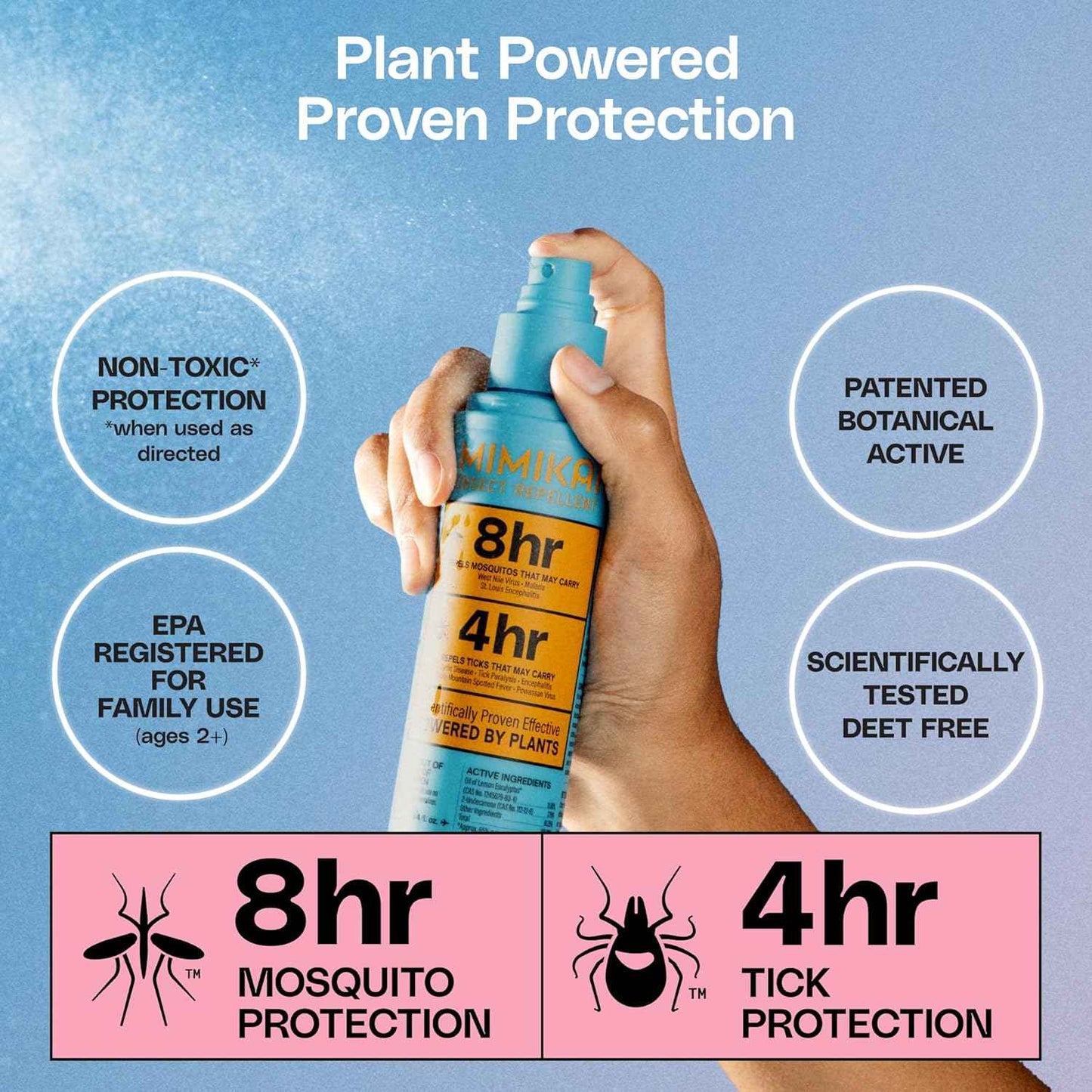 Mimikai Mosquito & Tick Repellent Spray- DEET-Free Naturally Derived Bug Spray for Adults & Kids(2+)- EPA-Registered Insect Repellent- 8-Hour Mosquito & 4-Hour Tick Protection, 3.4 fl oz Travel Size