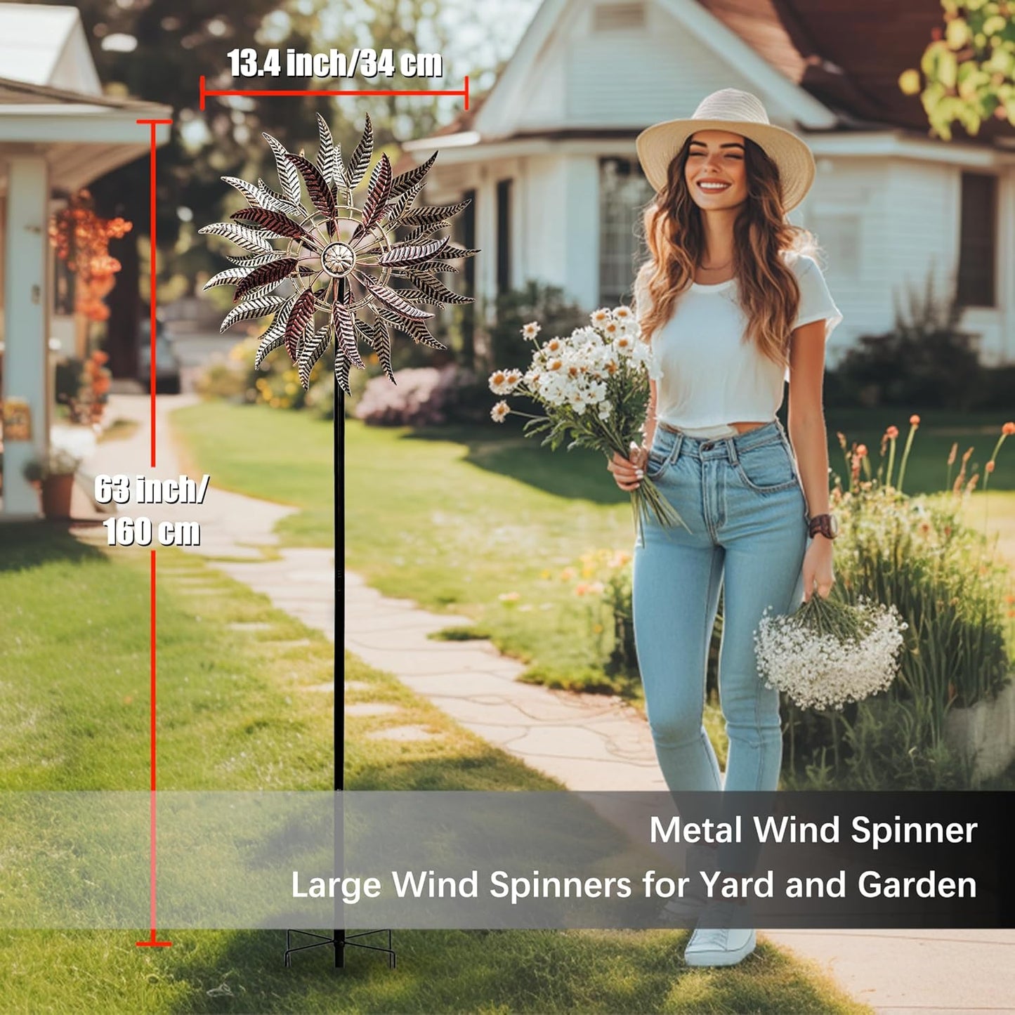 Large Outdoor Metal Wind Spinner,Two-Way Wind Sculptures,360 Degrees Kinetic Wind Spinners Yard Art Decor for Patio, Lawn & Garden 63 * 13.4 Inches