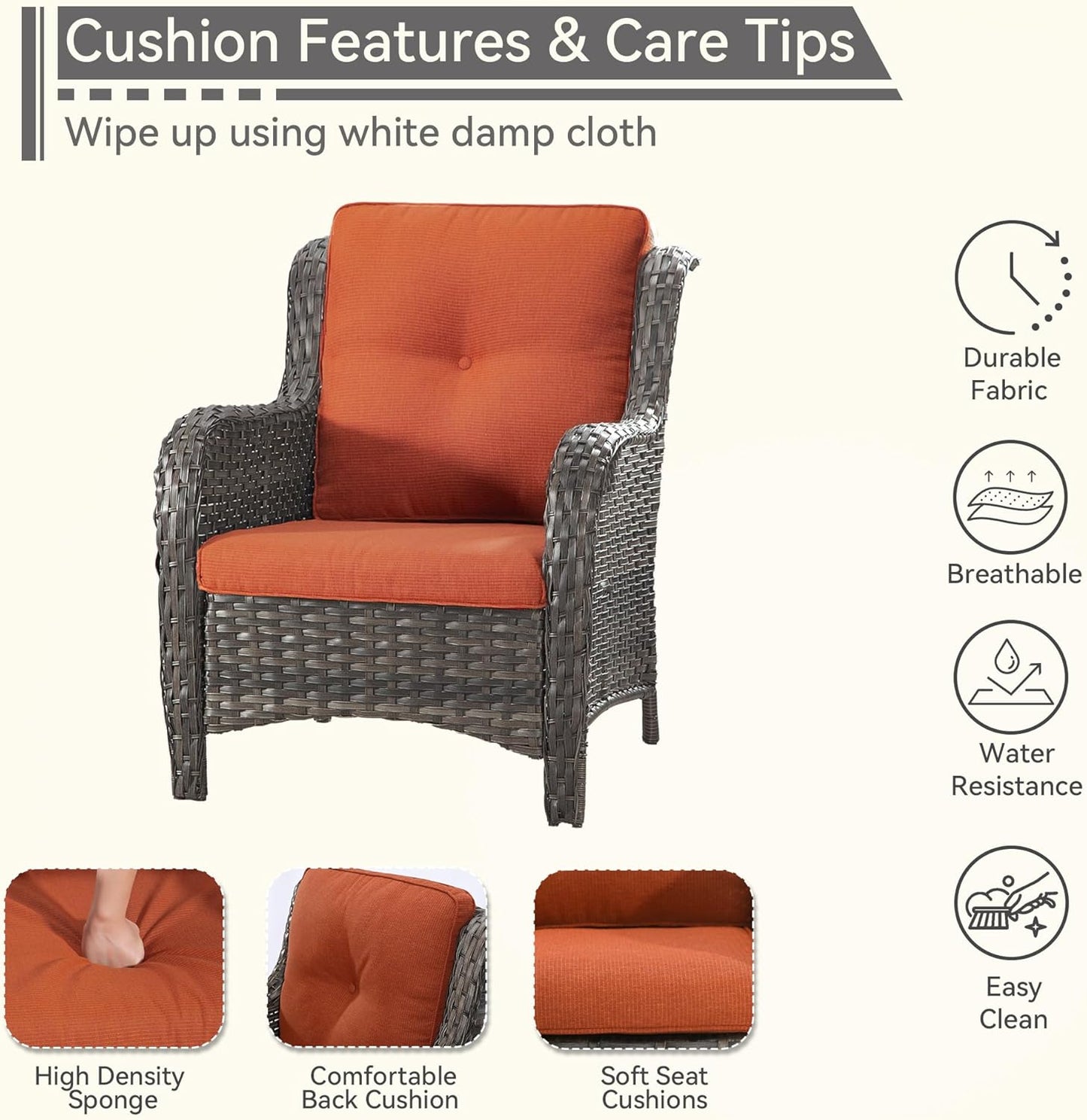 4 Pieces Patio Conversation Set, Wicker Chairs Set of 2 and Two Ottomans with 3.5-inch Seat Cushions, High Back and Curved Armrest for Backyard, Balcony and Deck, Orange