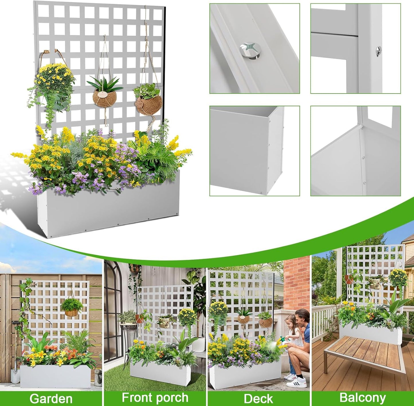 Metal Planter Box with Trellis, Outdoor Galvanized Raised Garden Bed with Privacy Screen & Drainage Holes & Lockable Casters for Climbing Plants, Vegetable