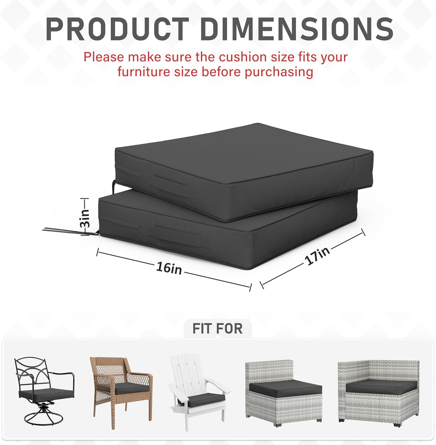 Patio Chair Cushions 17 X 16 X 3 Inch Waterproof Outdoor Seat Cushions for Patio Furniture, Outdoor Sofa Couch Pads with Ties & Handle, Set of 2, Grey
