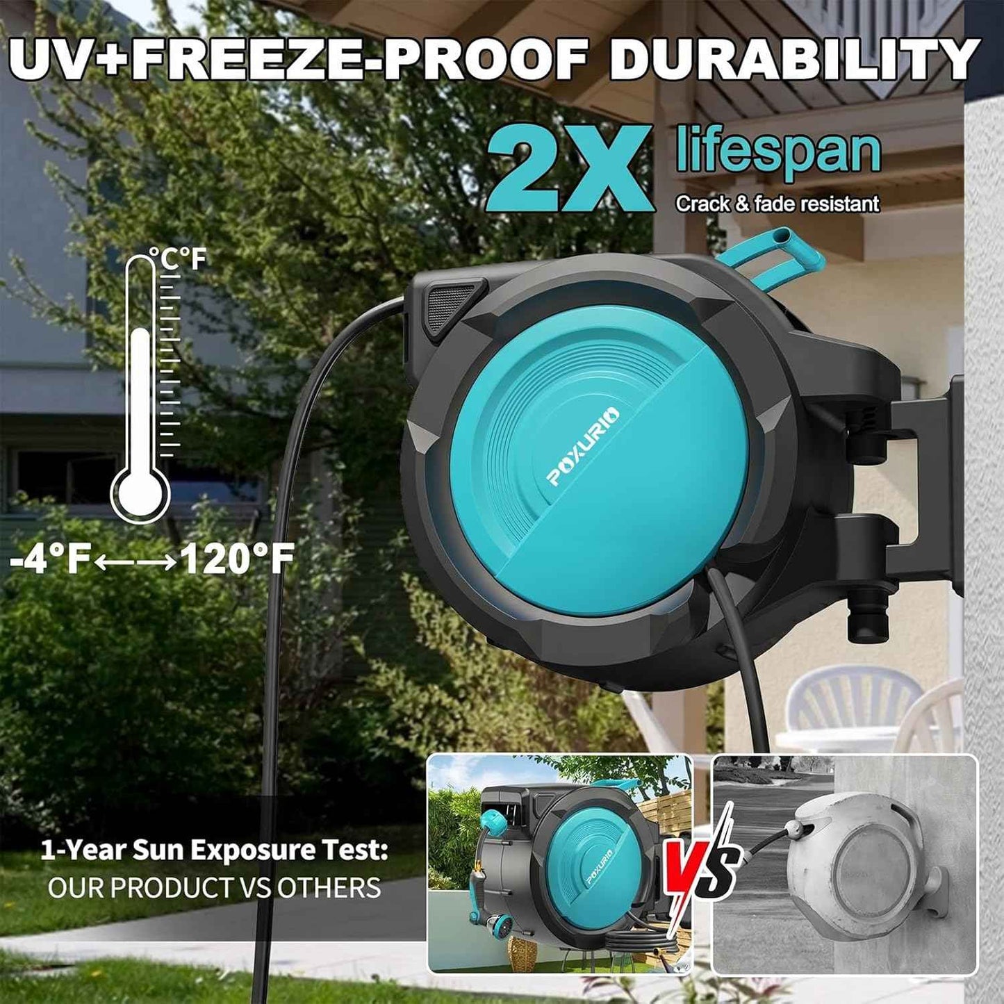 1/2" 160FT Retractable Garden Hose Reel - POXURIO Heavy Duty Automatic Wall Mounted Hose Reel Upgraded UV Resistant, 3/4" Brass Fitting, 10 Pattern Nozzle, 180° Swivel&Any Length Lock Slow Retraction