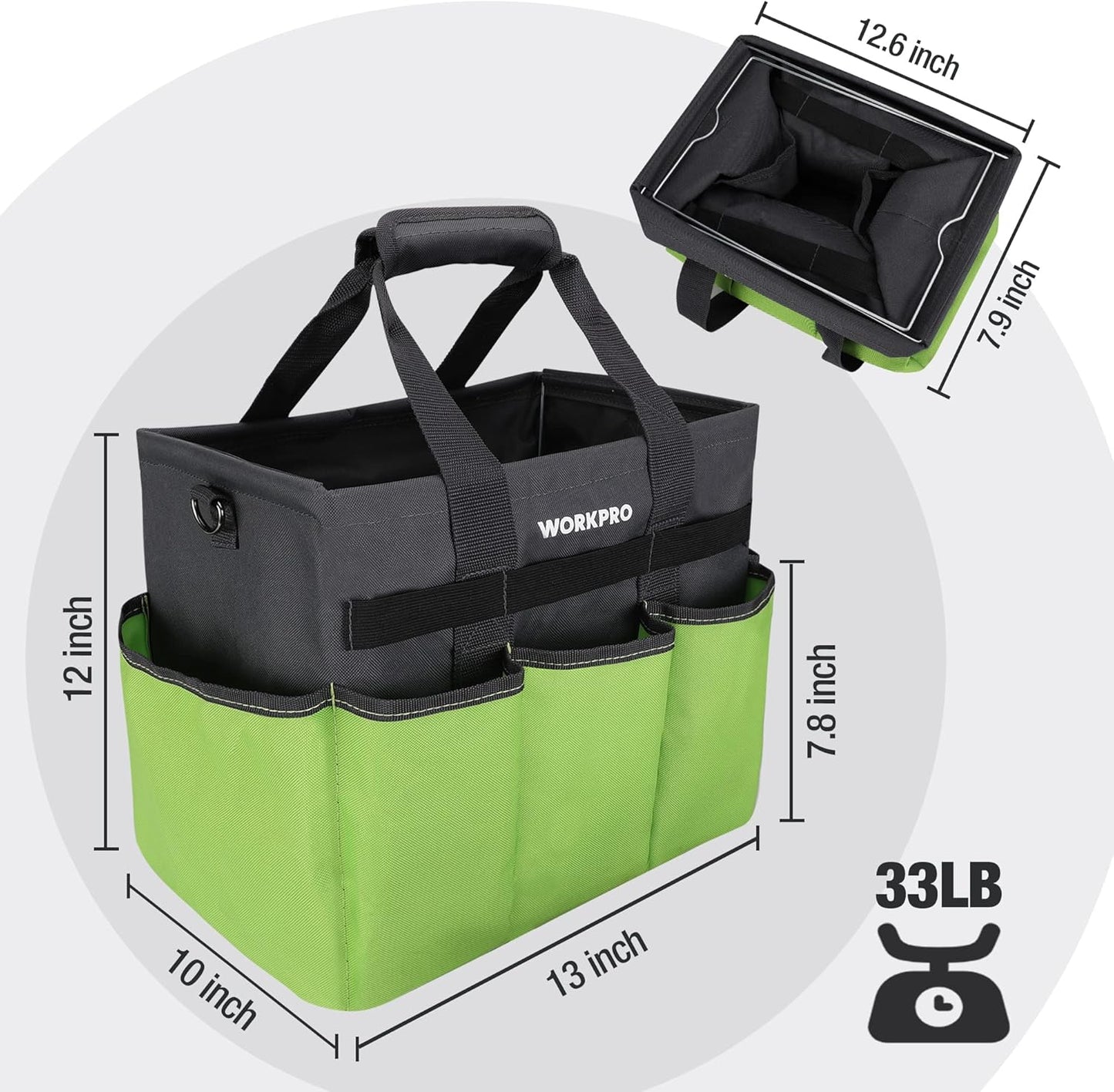 WORKPRO Garden Tool Bag Organizer, Heavy Duty Gardening Tote Bag with 10 Pockets and Long Adjustable Shoulder Strap, Standable Garden Home Tool Kits Organizer, Green (Tools are not included)