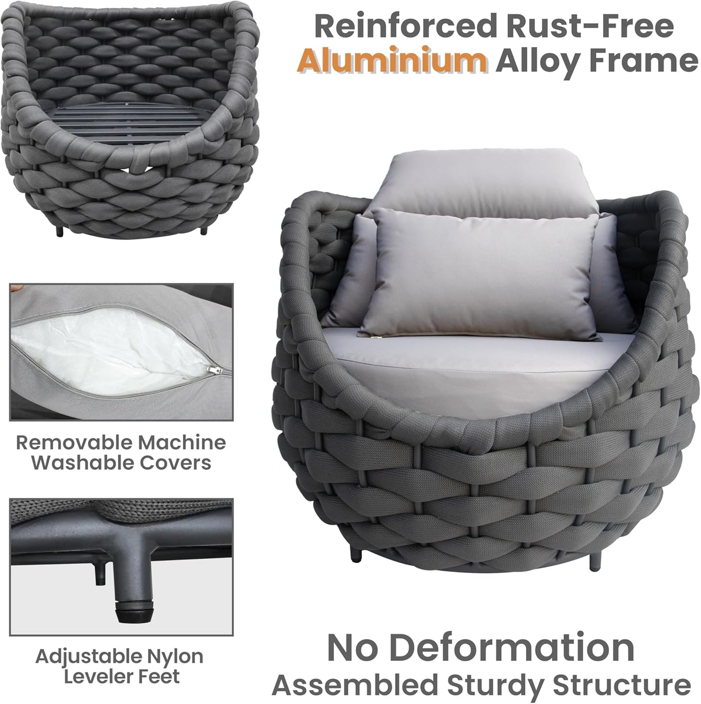 Metal Outdoor Conversation Sets: 5-Piece Aluminum Patio Furniture Set - Woven Rope Porch Sofa Set w/Coffee Table Cushions - Assembled Modern Lounge Couch for Deck Garden Yard Pool Hotel Resort