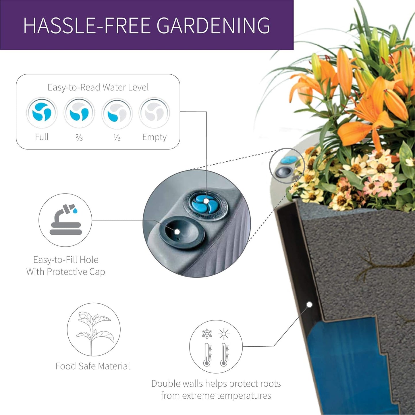 Crescent Garden Dot TruDrop Indoor/Outdoor Planter, Self-Watering Plant Pot, 16 Inches, (Caviar Black)