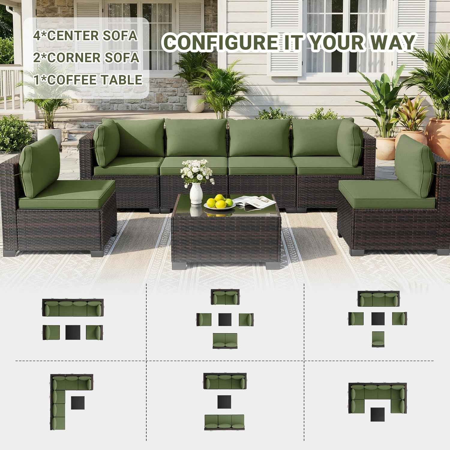LEVELEVE 7-Piece Outdoor Patio Furniture Sets, Manual Weaving Rattan Conversation Sectional Sofa with Tempered Glass Coffee Table, All-Weather PE Wicker & Thick Cushions for Garden, Backyard, Porch